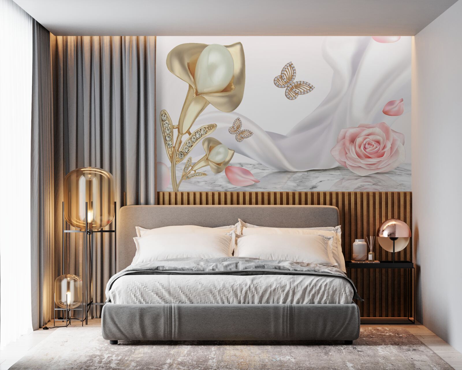 Фотошпалери перли в золоті на шовковій тканині з трояндами