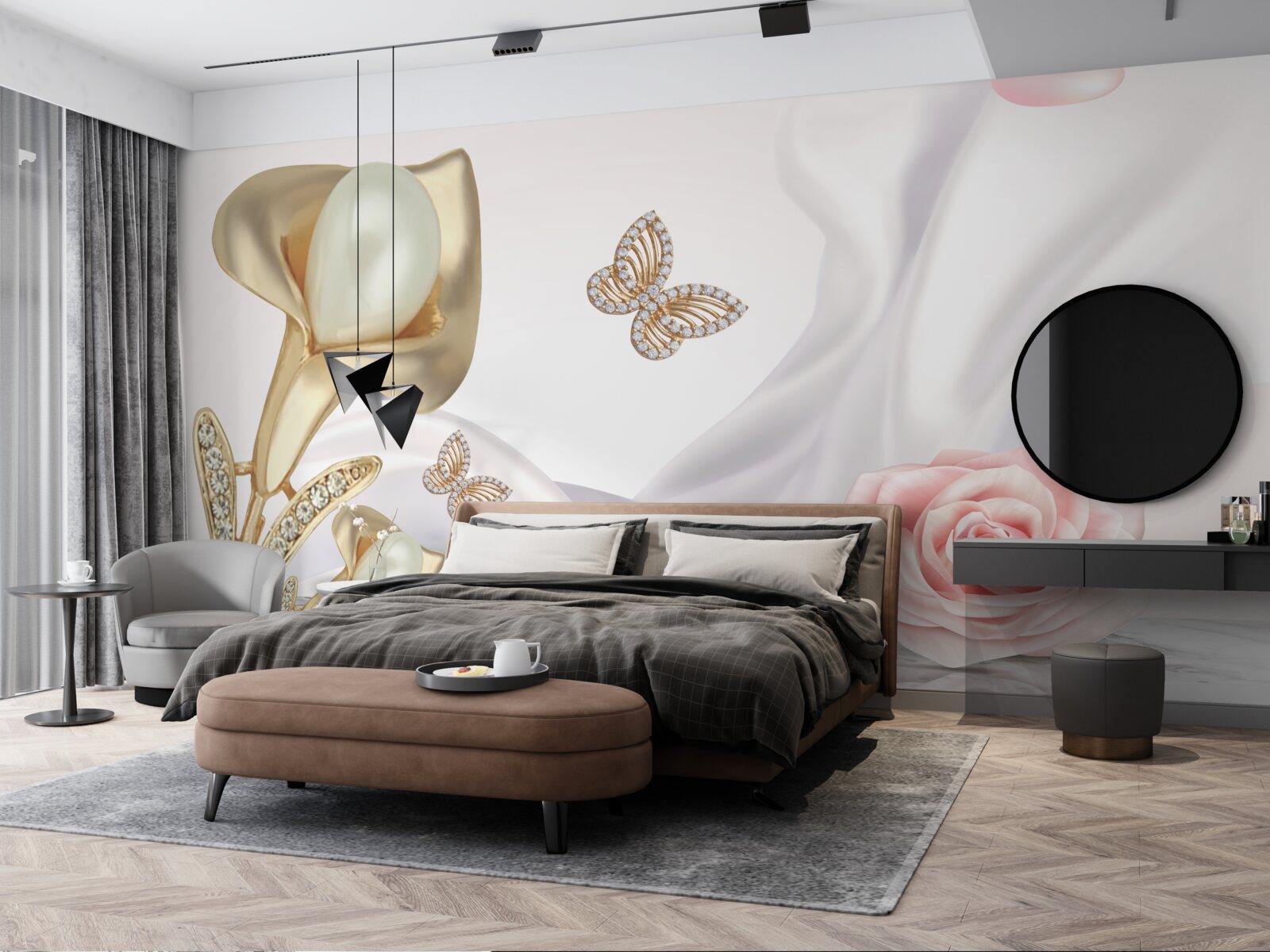 Фотошпалери перли в золоті на шовковій тканині з трояндами