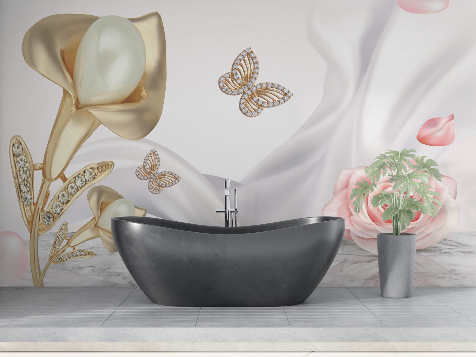 Фотошпалери перли в золоті на шовковій тканині з трояндами