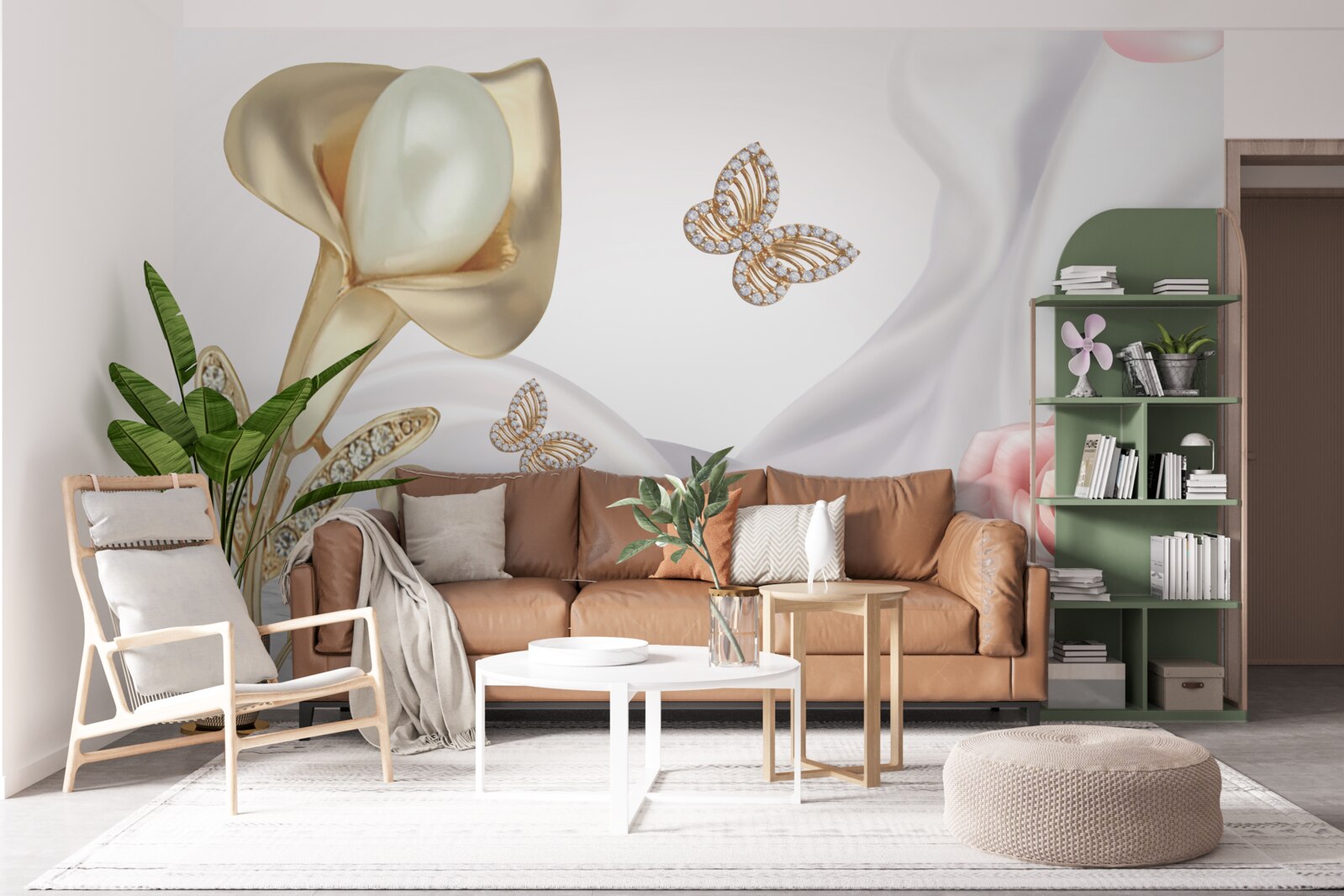 Фотошпалери перли в золоті на шовковій тканині з трояндами