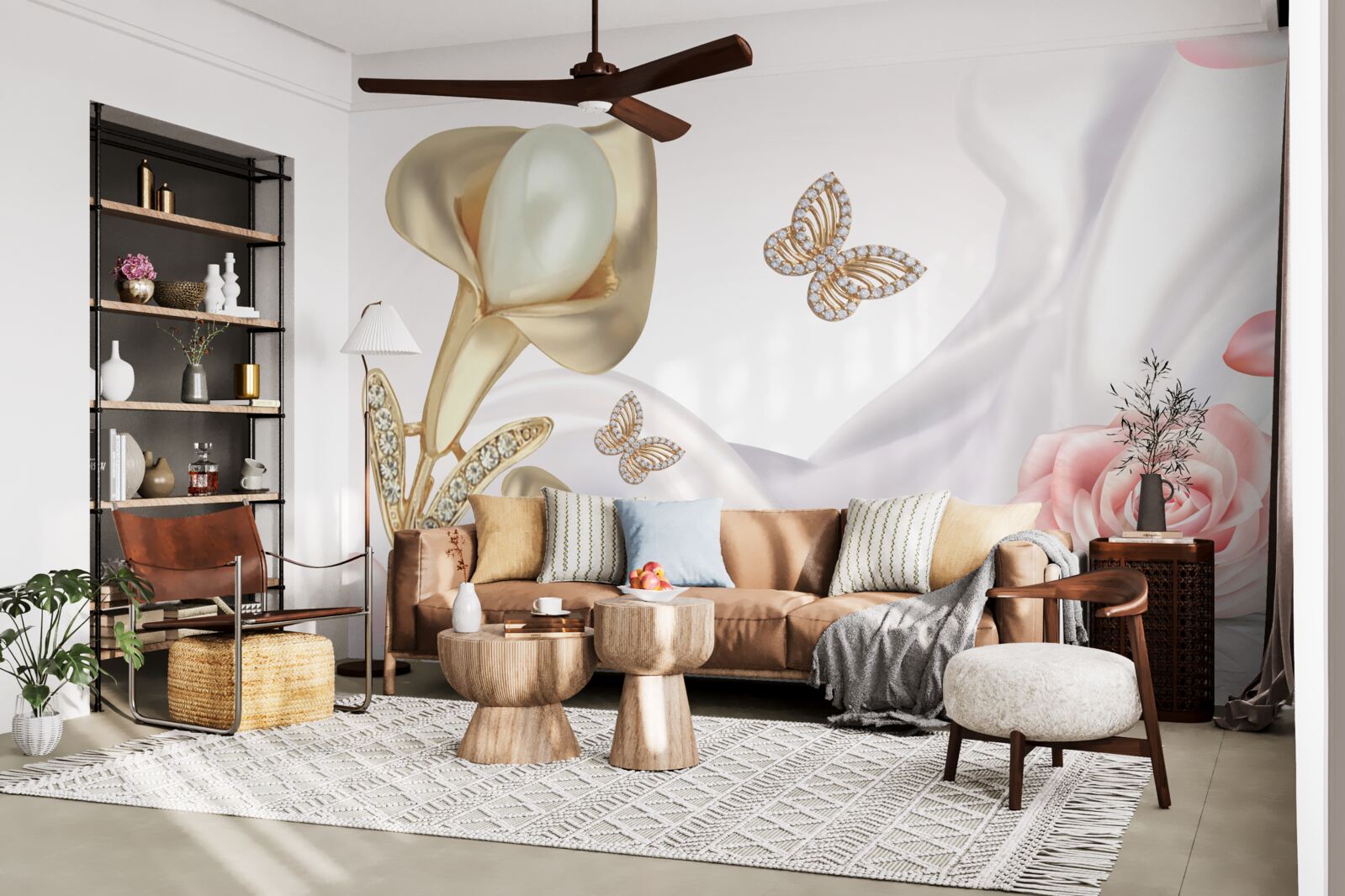 Фотошпалери перли в золоті на шовковій тканині з трояндами