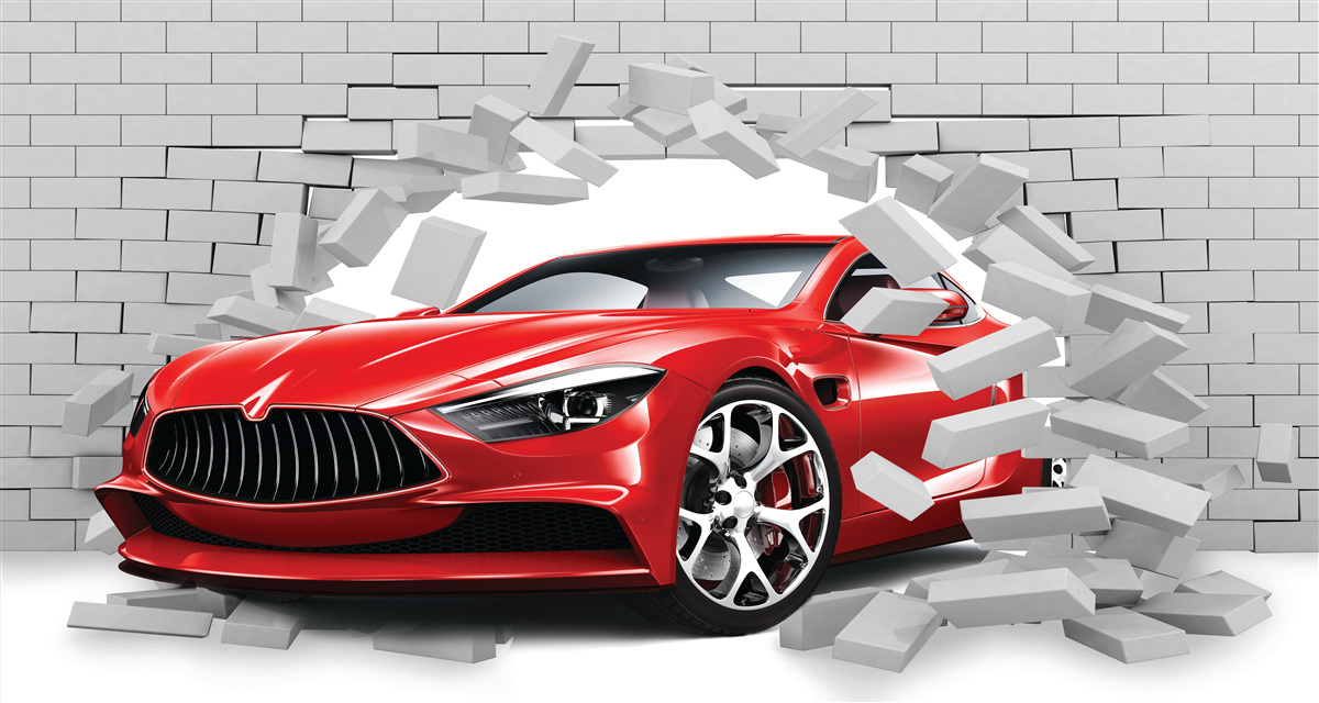 Фотошпалери червона машина пробиває цегляну стіну