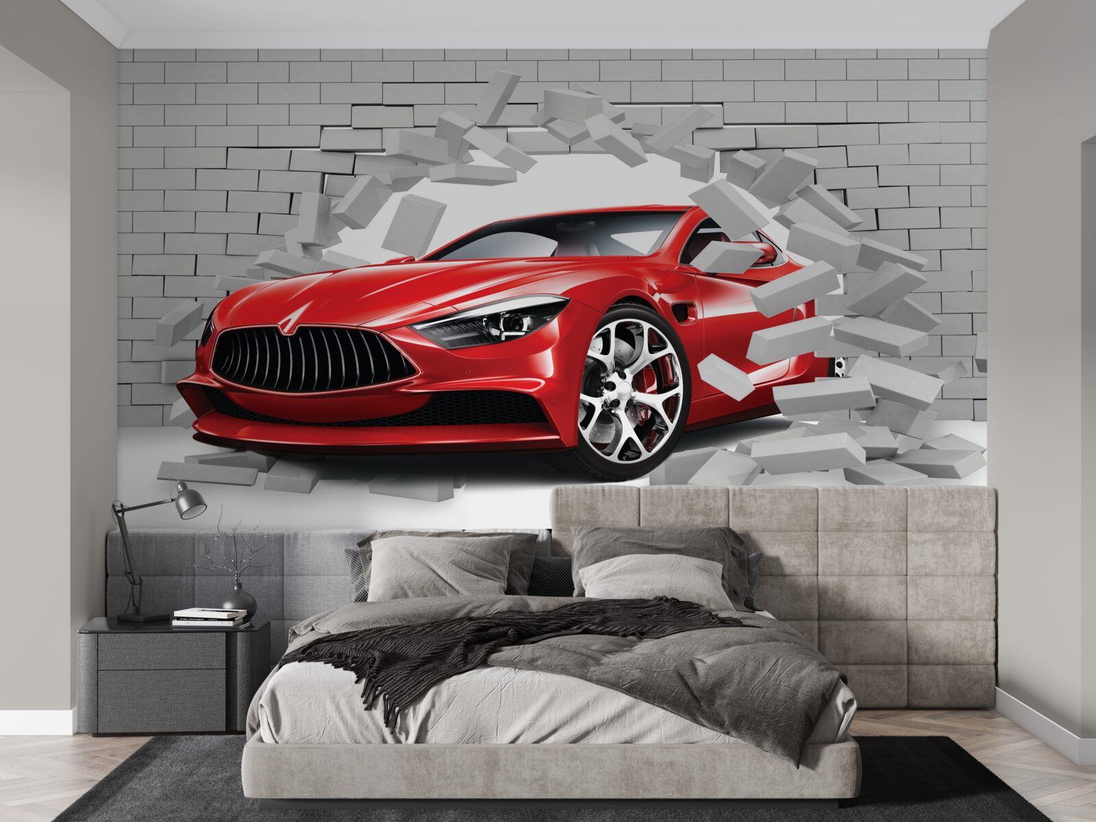Фотошпалери червона машина пробиває цегляну стіну