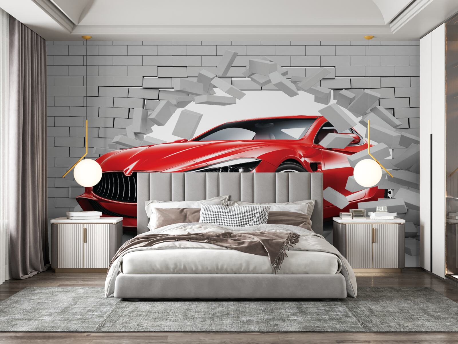 Фотошпалери червона машина пробиває цегляну стіну