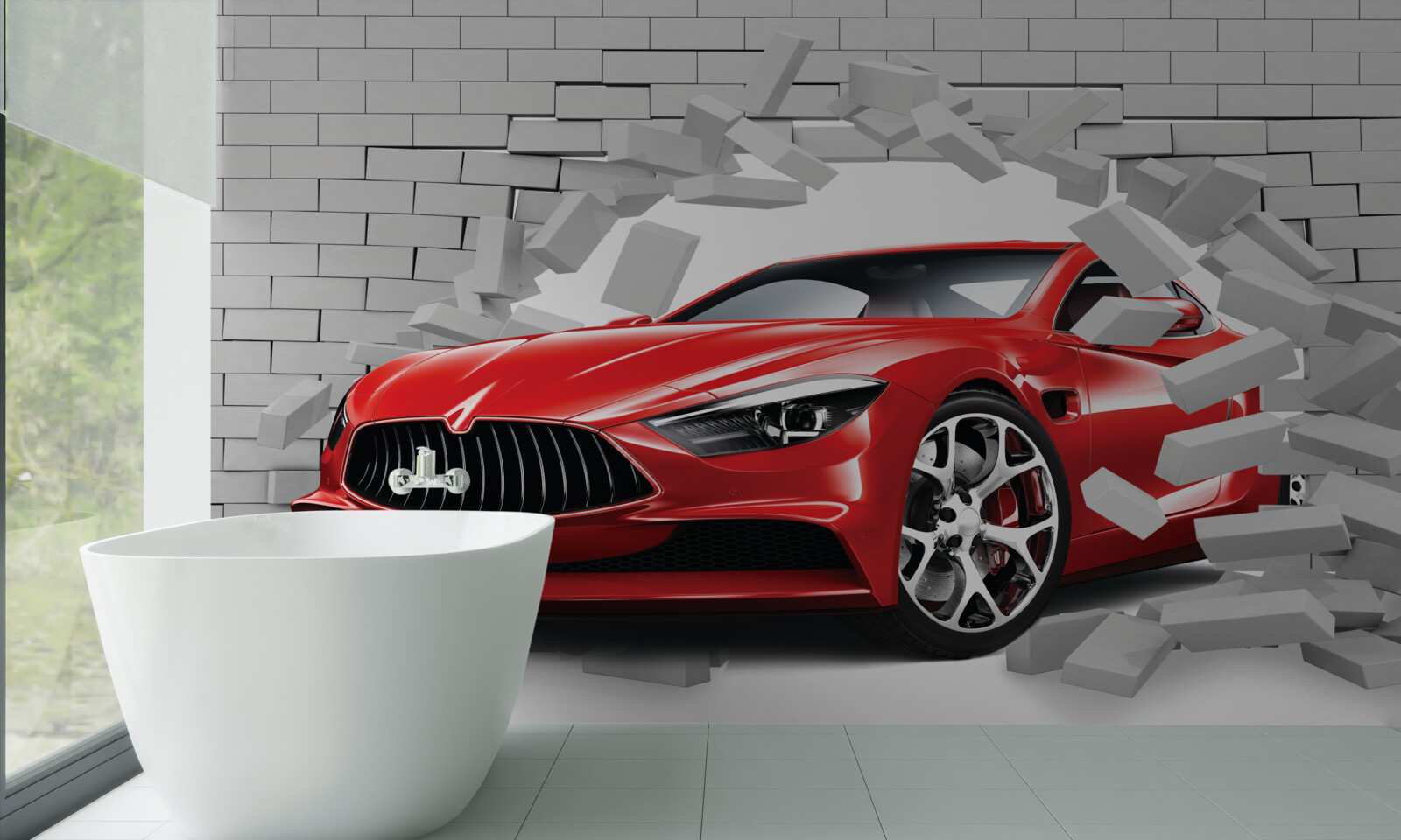 Фотошпалери червона машина пробиває цегляну стіну