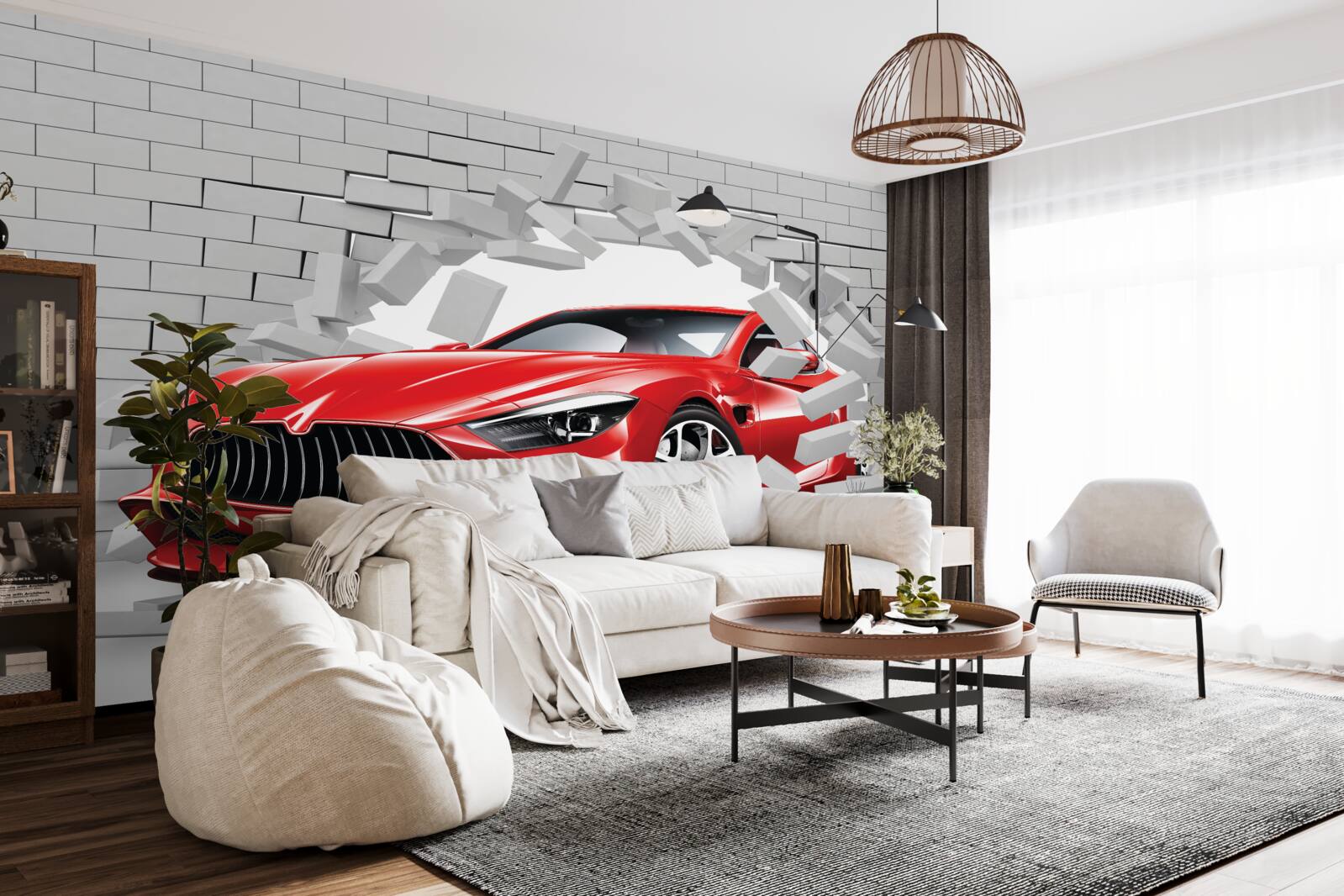 Фотошпалери червона машина пробиває цегляну стіну