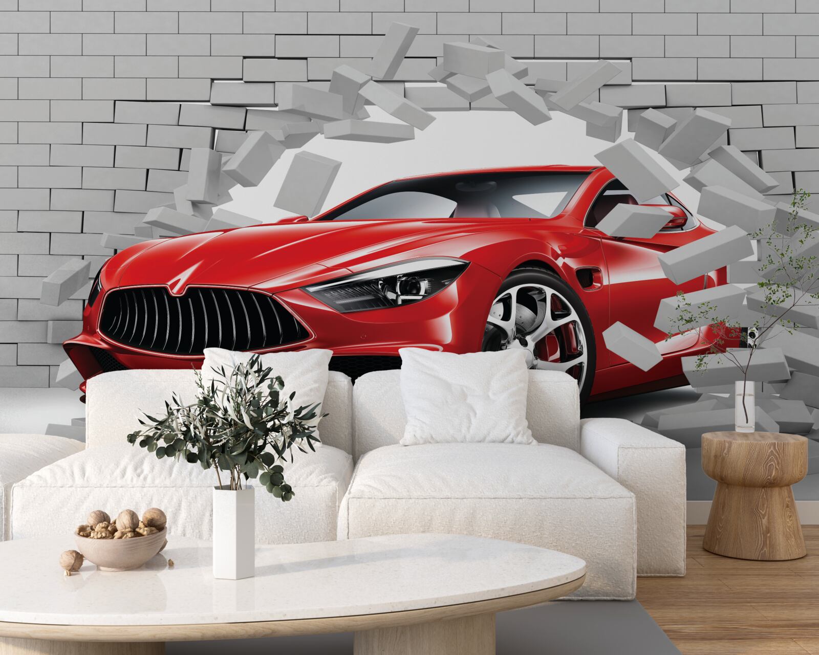 Фотошпалери червона машина пробиває цегляну стіну