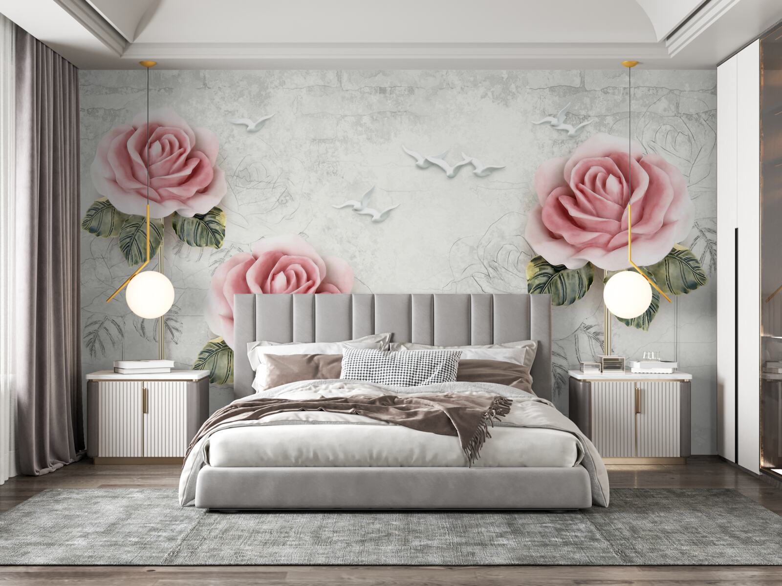 Фотошпалери струнка червона троянда і білосніжні чайки