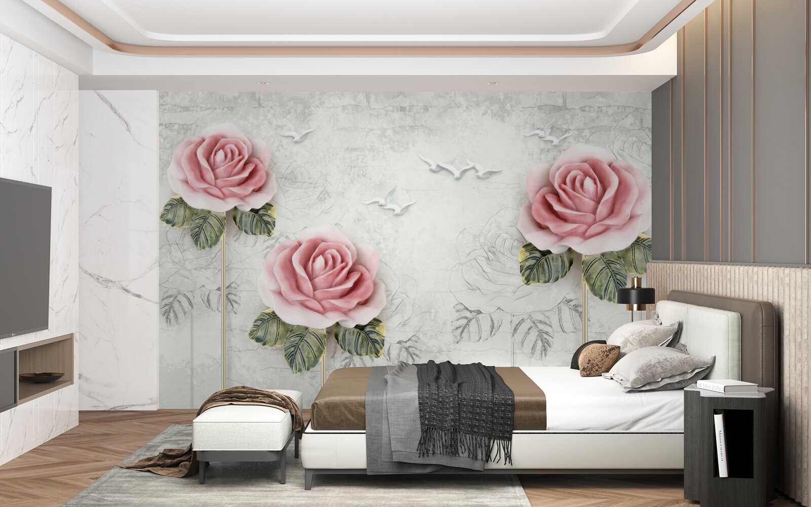 Фотошпалери струнка червона троянда і білосніжні чайки