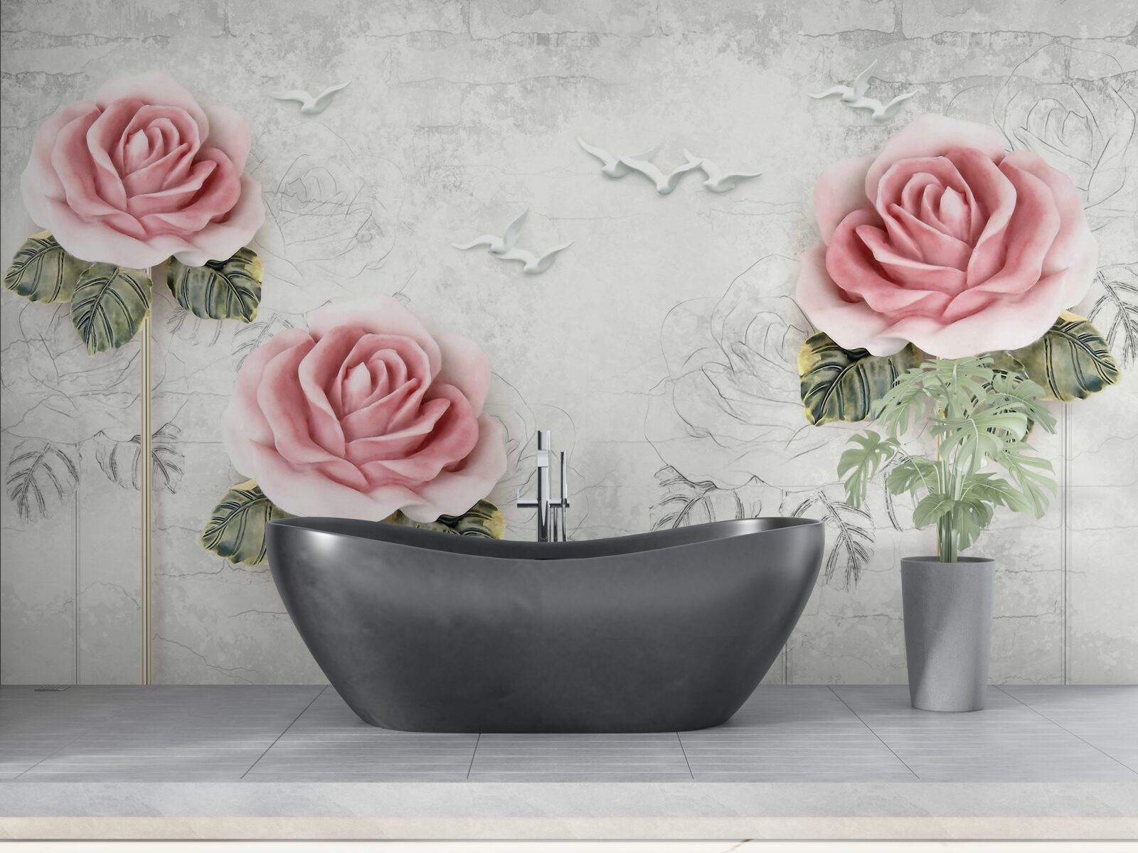 Фотошпалери струнка червона троянда і білосніжні чайки