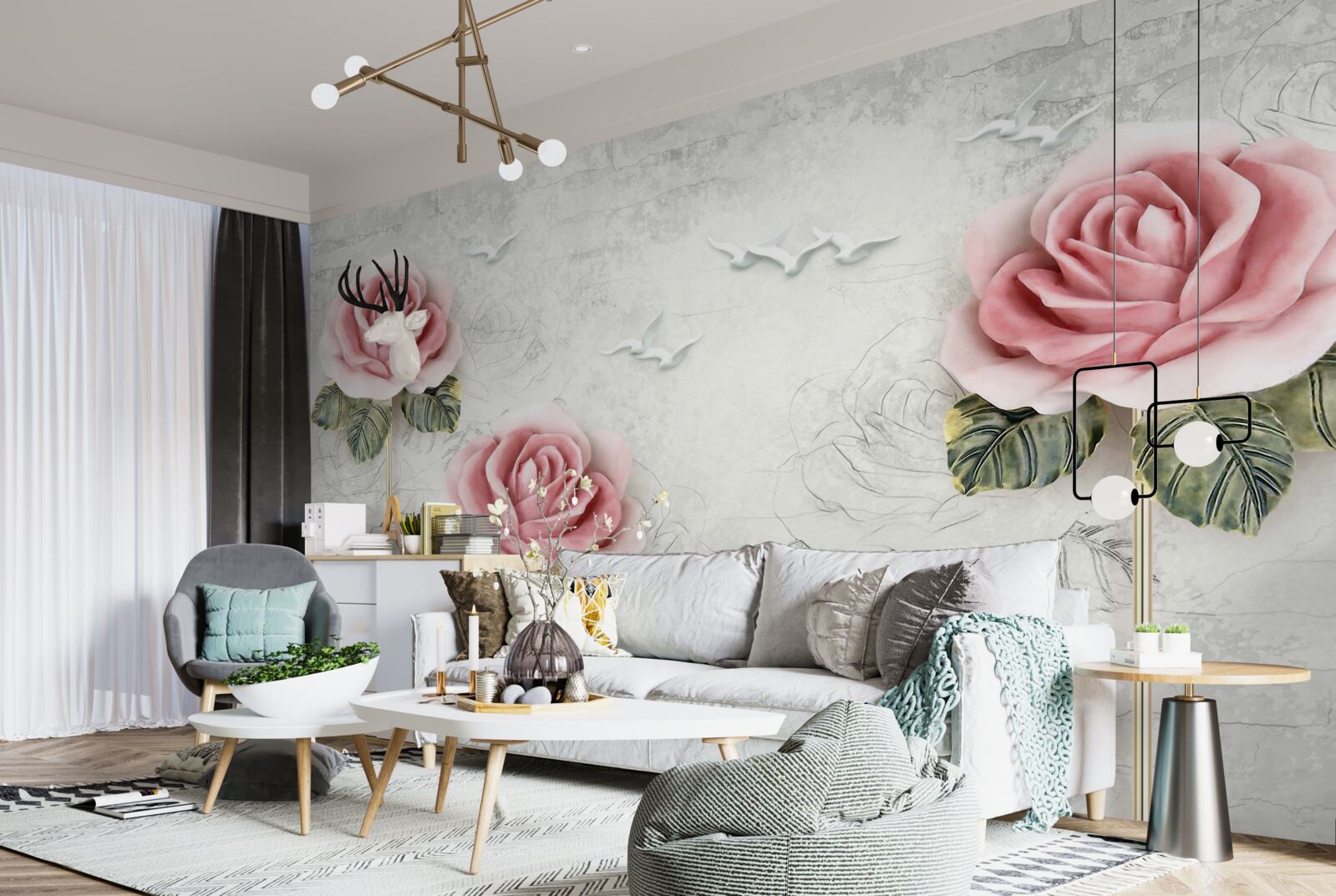 Фотошпалери струнка червона троянда і білосніжні чайки