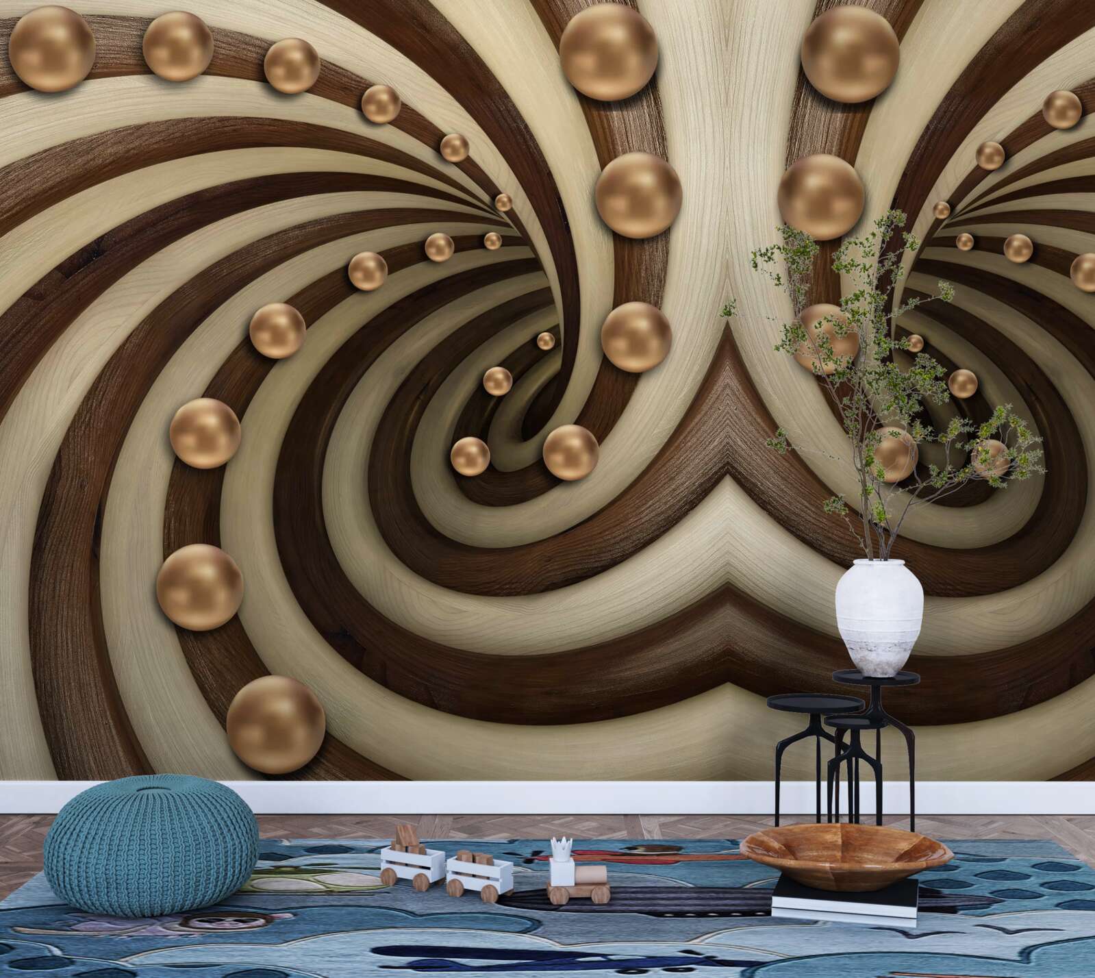 Фотошпалери кульки золотого кольору падають уздовж лінії