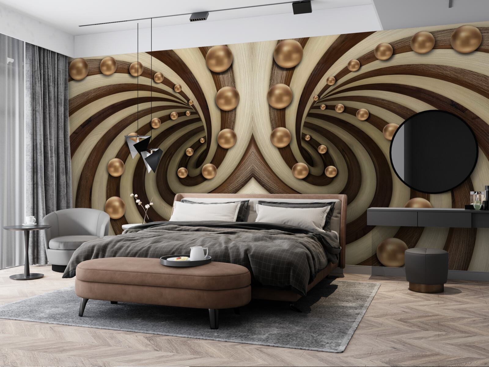 Фотошпалери кульки золотого кольору падають уздовж лінії