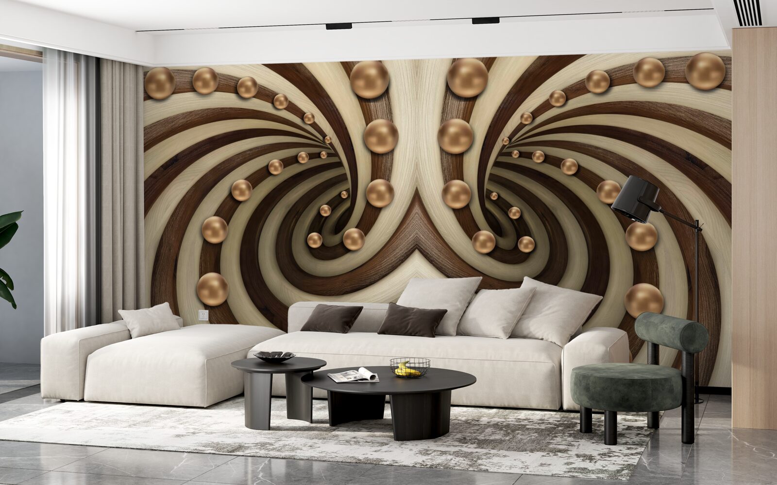 Фотошпалери кульки золотого кольору падають уздовж лінії