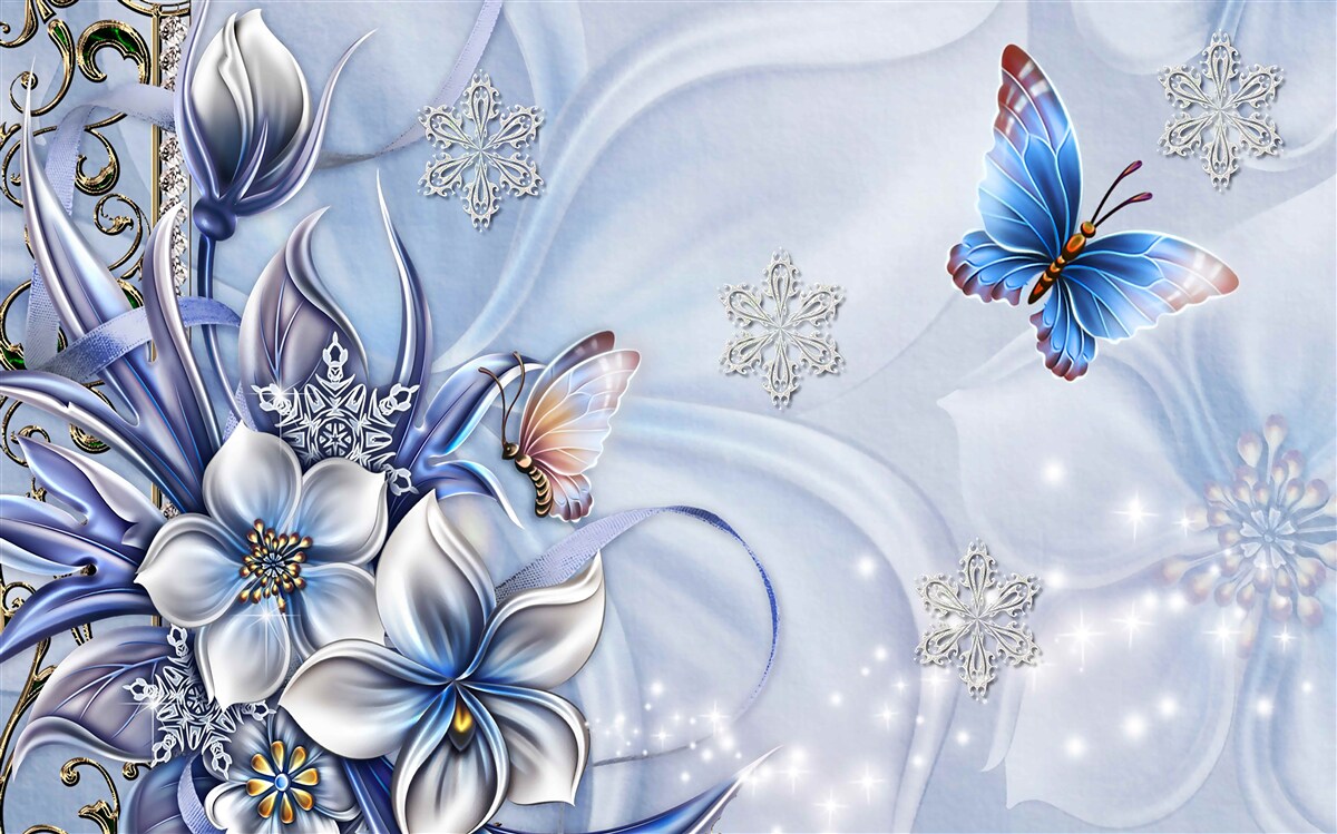 Фотошпалери метелики літають над білосніжними квітами