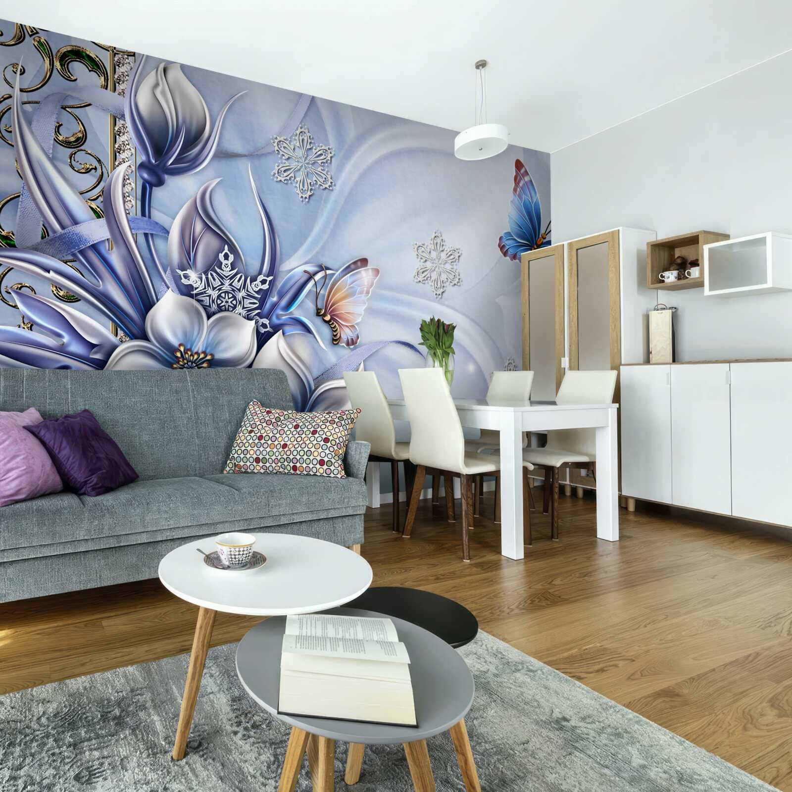 Фотошпалери метелики літають над білосніжними квітами