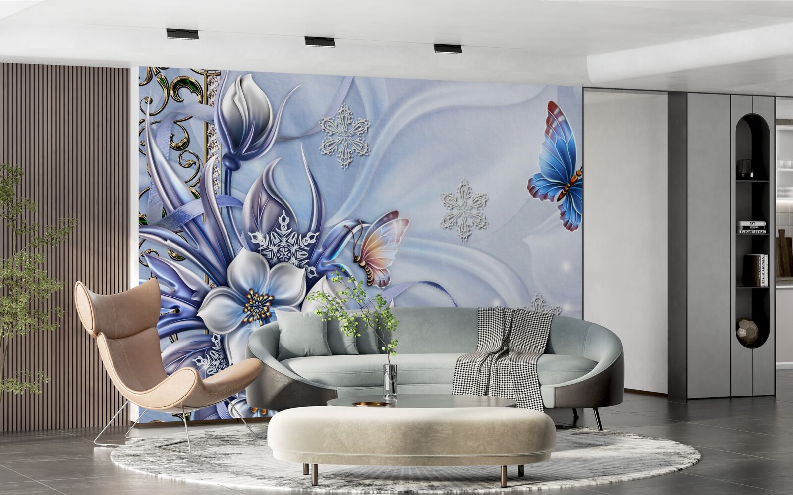 Фотошпалери метелики літають над білосніжними квітами