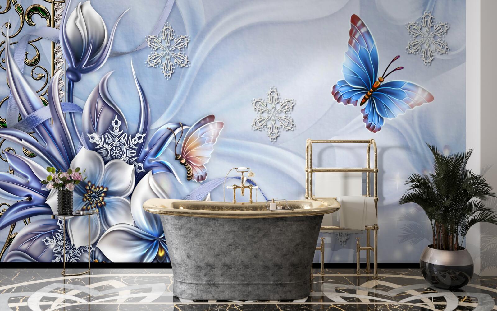 Фотошпалери метелики літають над білосніжними квітами