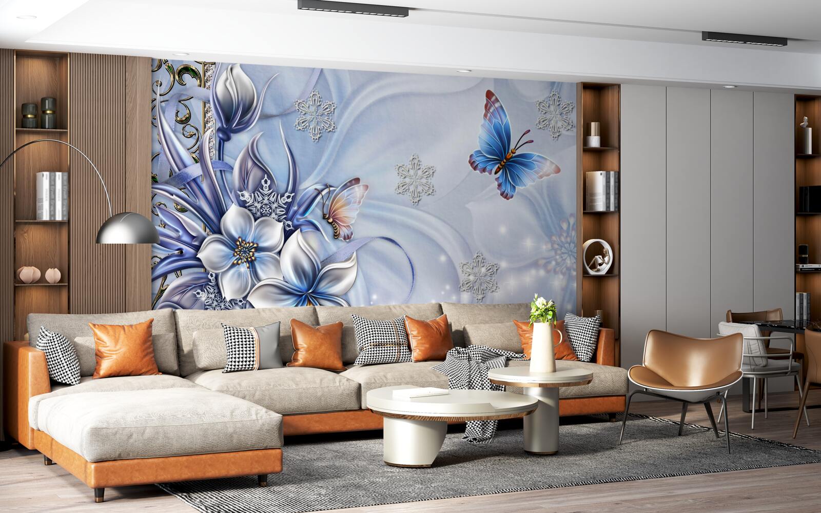 Фотошпалери метелики літають над білосніжними квітами