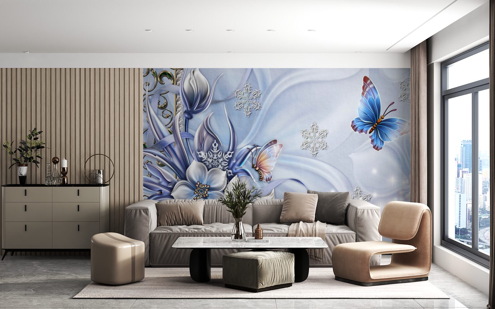 Фотошпалери метелики літають над білосніжними квітами