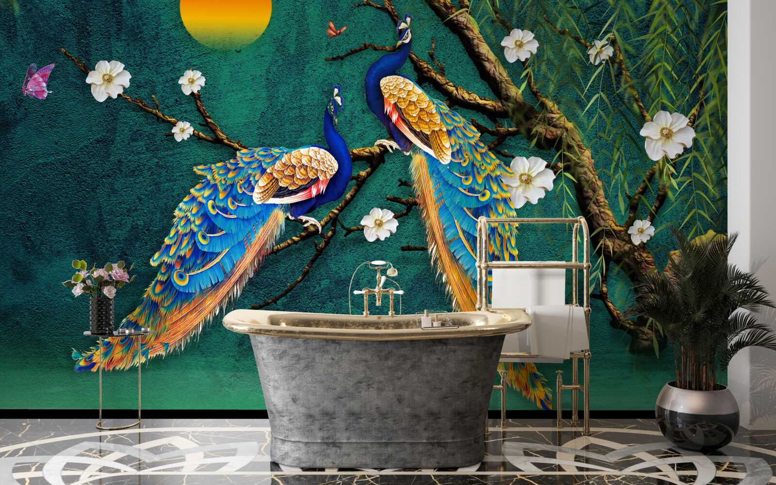 Фотошпалери на заході сонця павичі видають закличні звуки