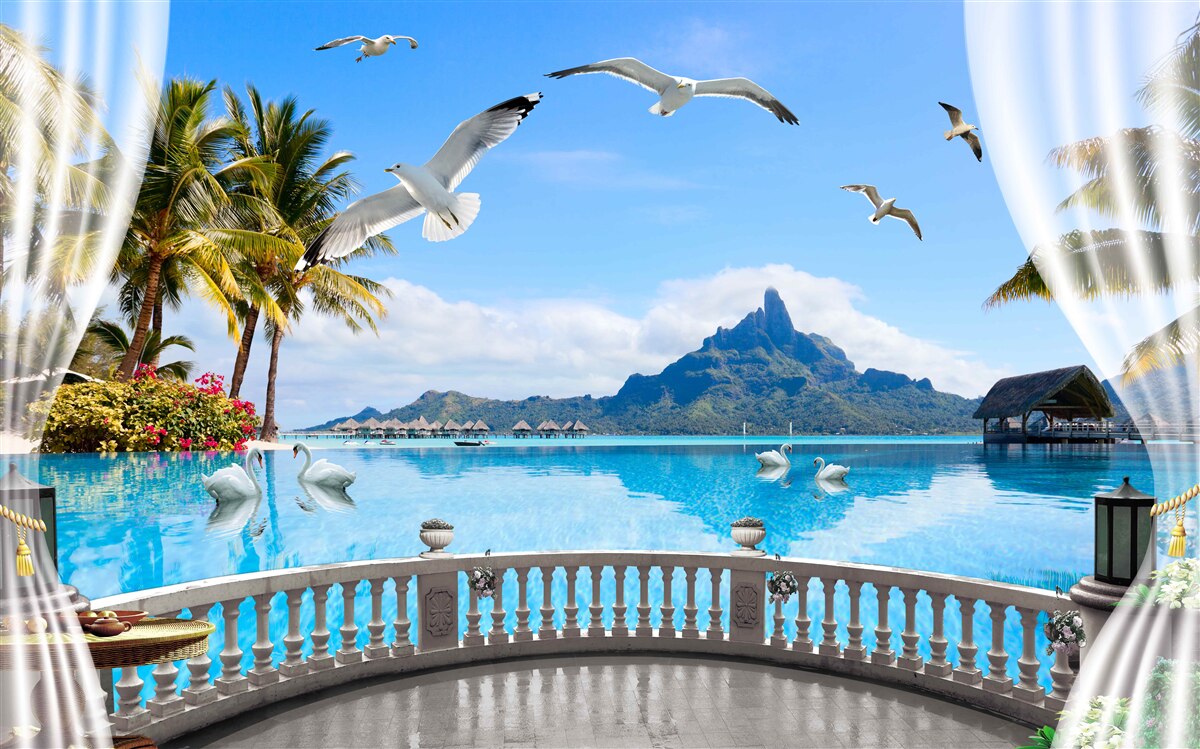 Фотошпалери тераса з видом на гори та ставок