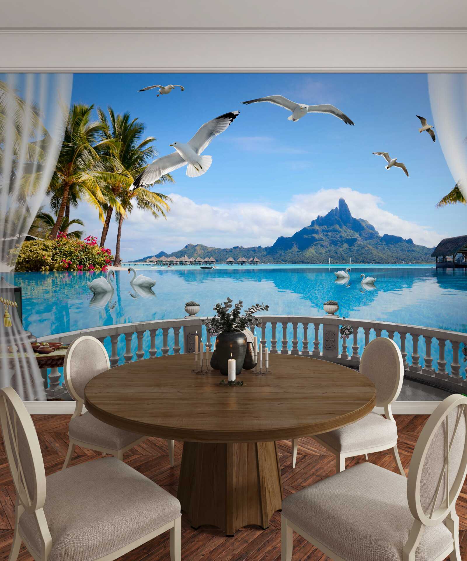 Фотошпалери тераса з видом на гори та ставок