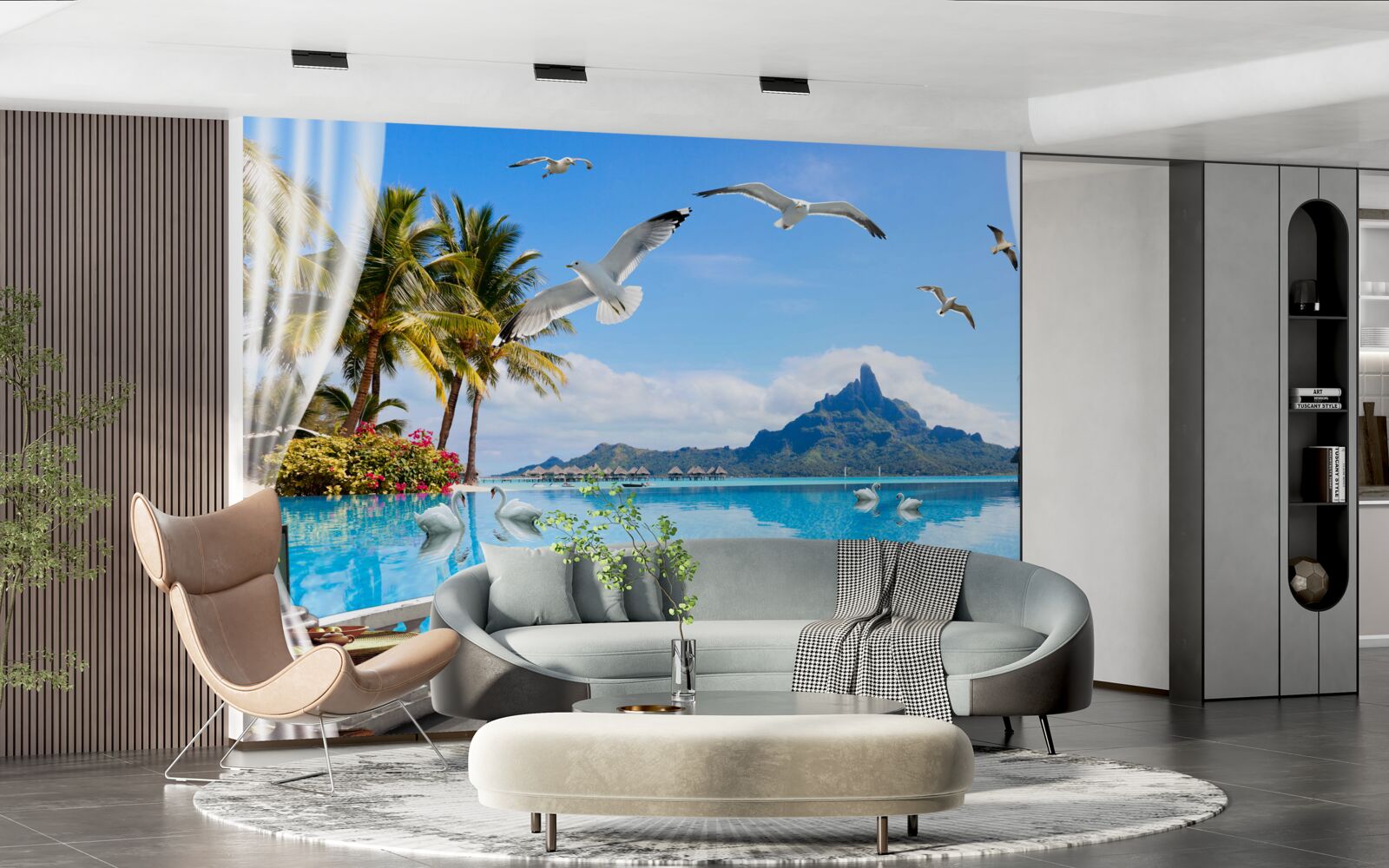 Фотошпалери тераса з видом на гори та ставок