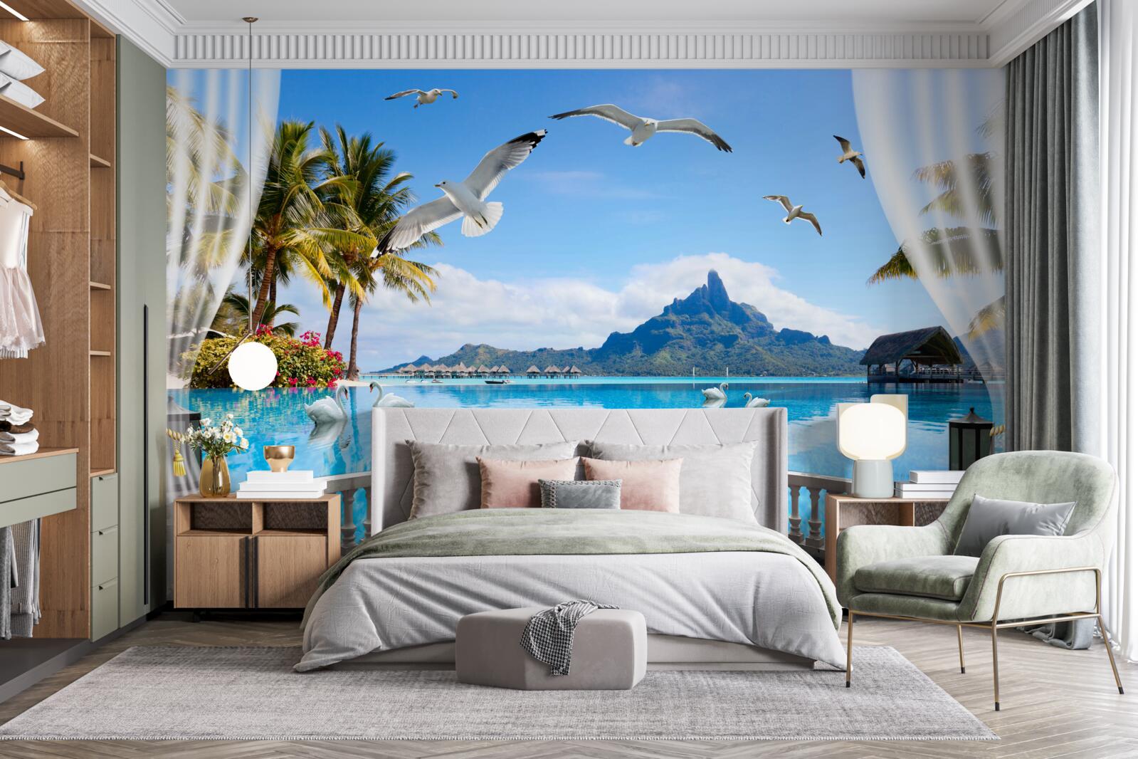 Фотошпалери тераса з видом на гори та ставок