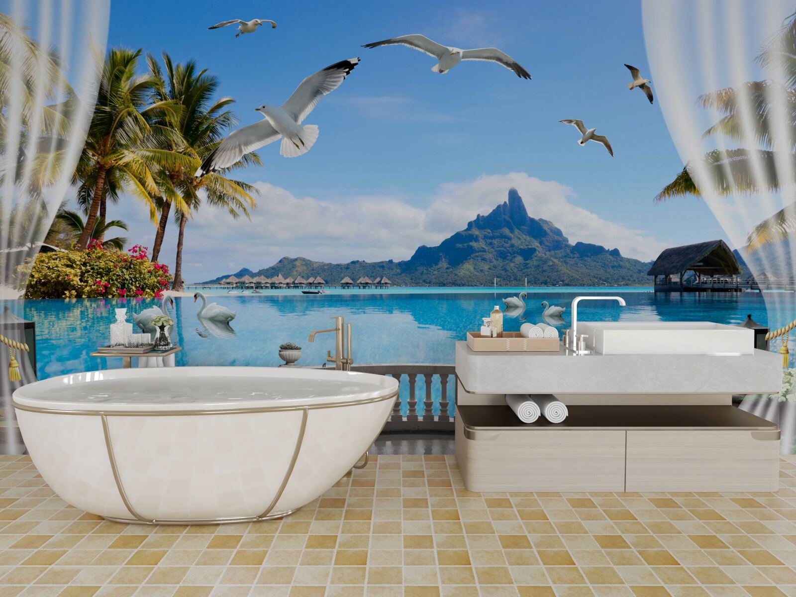 Фотошпалери тераса з видом на гори та ставок