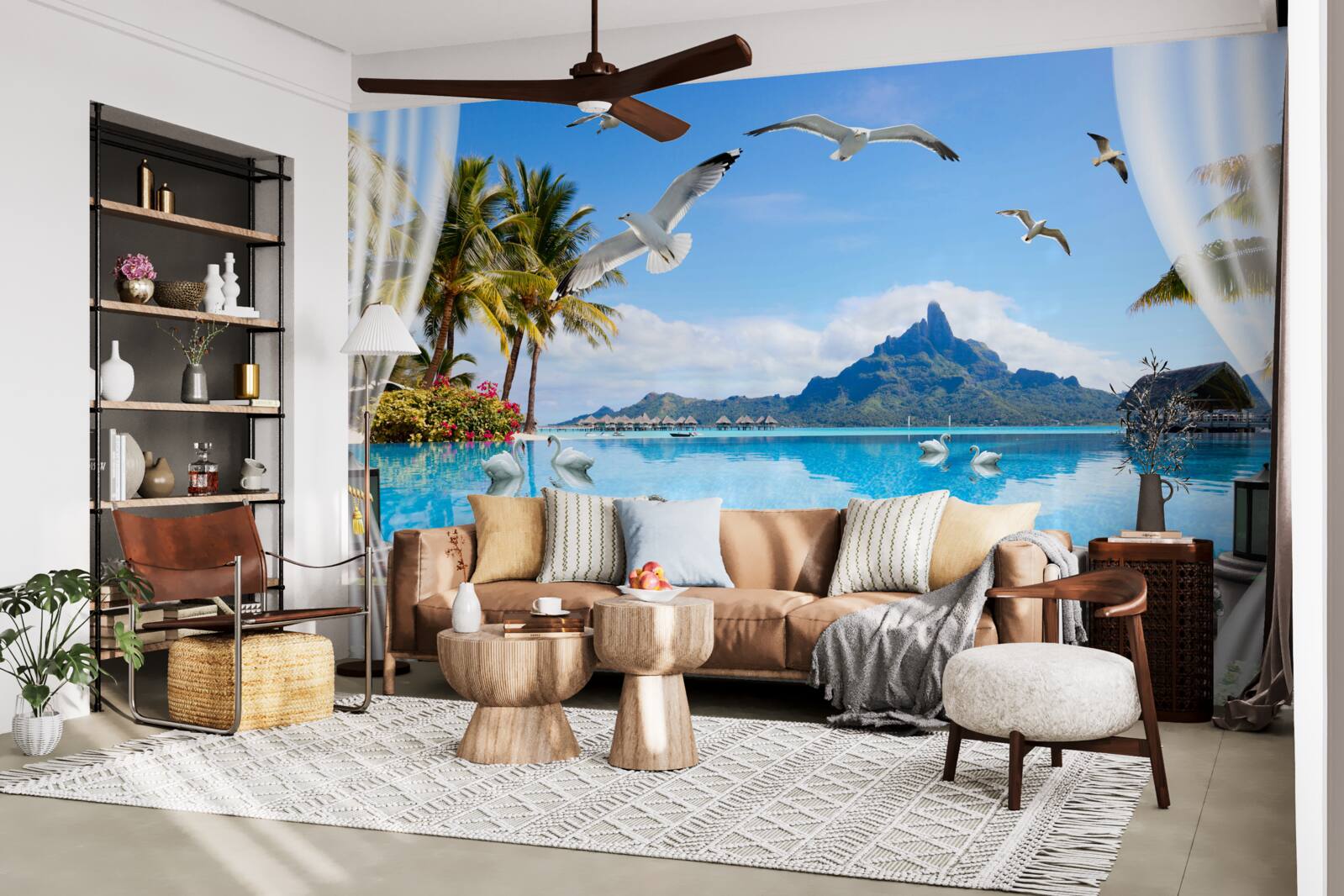 Фотошпалери тераса з видом на гори та ставок