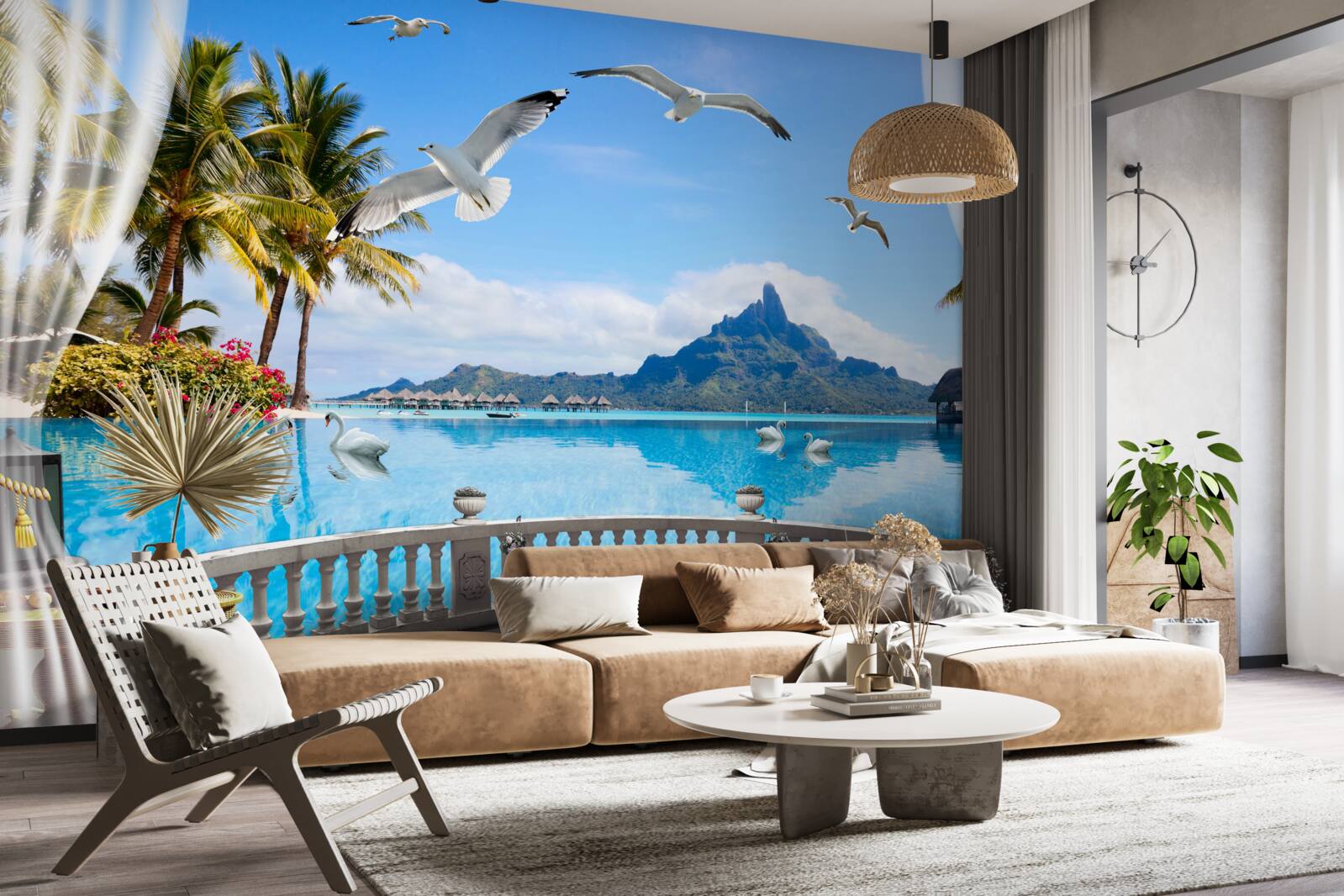 Фотошпалери тераса з видом на гори та ставок