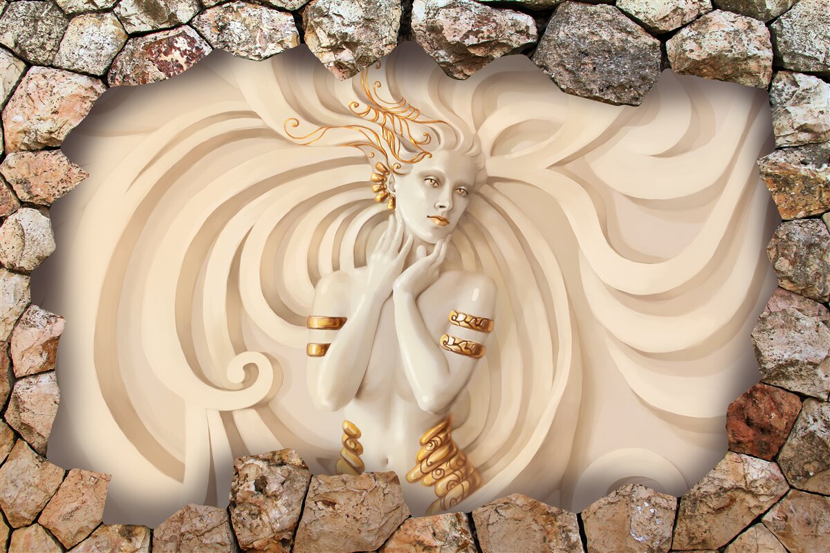 Фотошпалери зображення дівчини з довгим волоссям і золотом всередині каменю