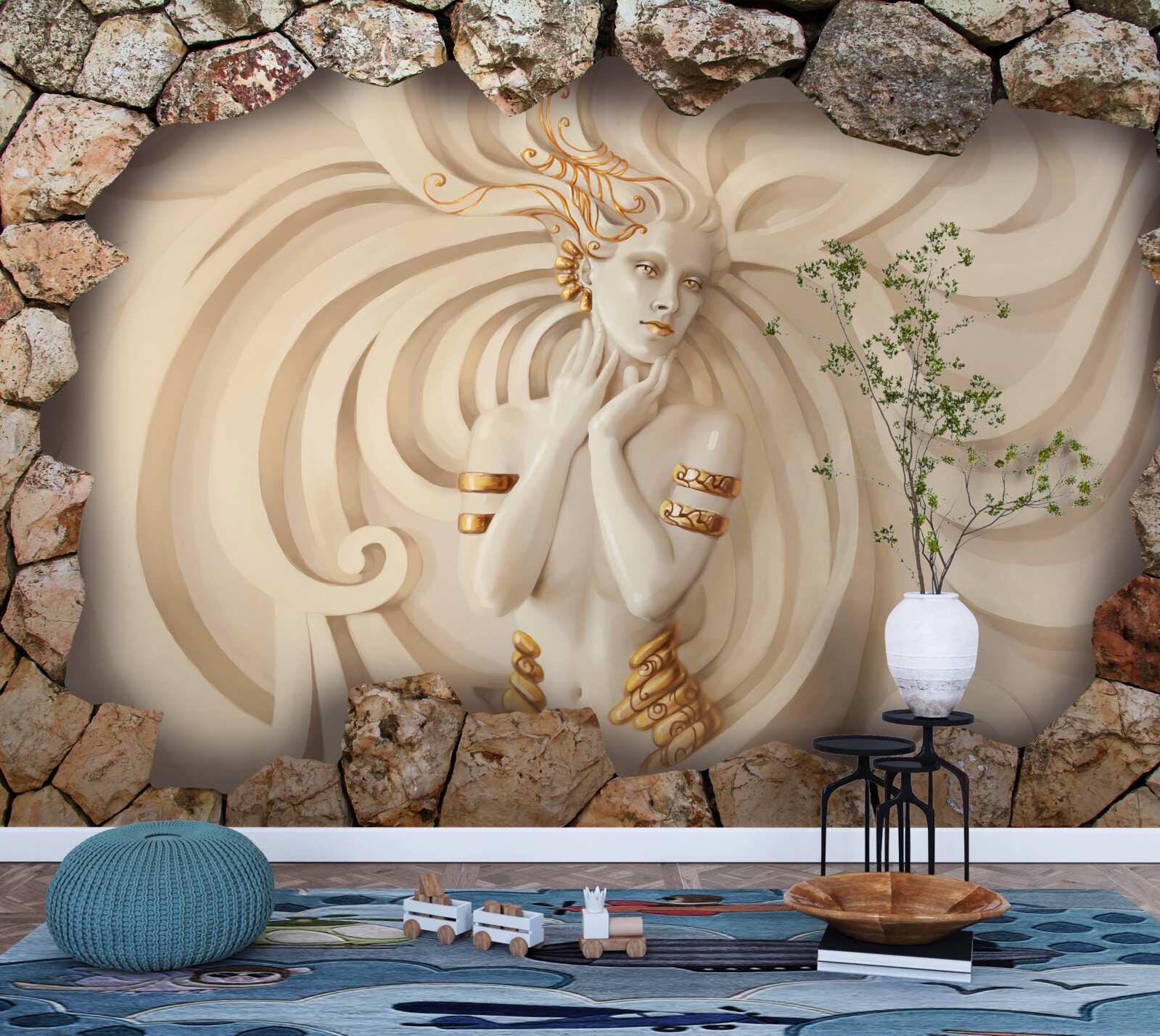 Фотошпалери зображення дівчини з довгим волоссям і золотом всередині каменю