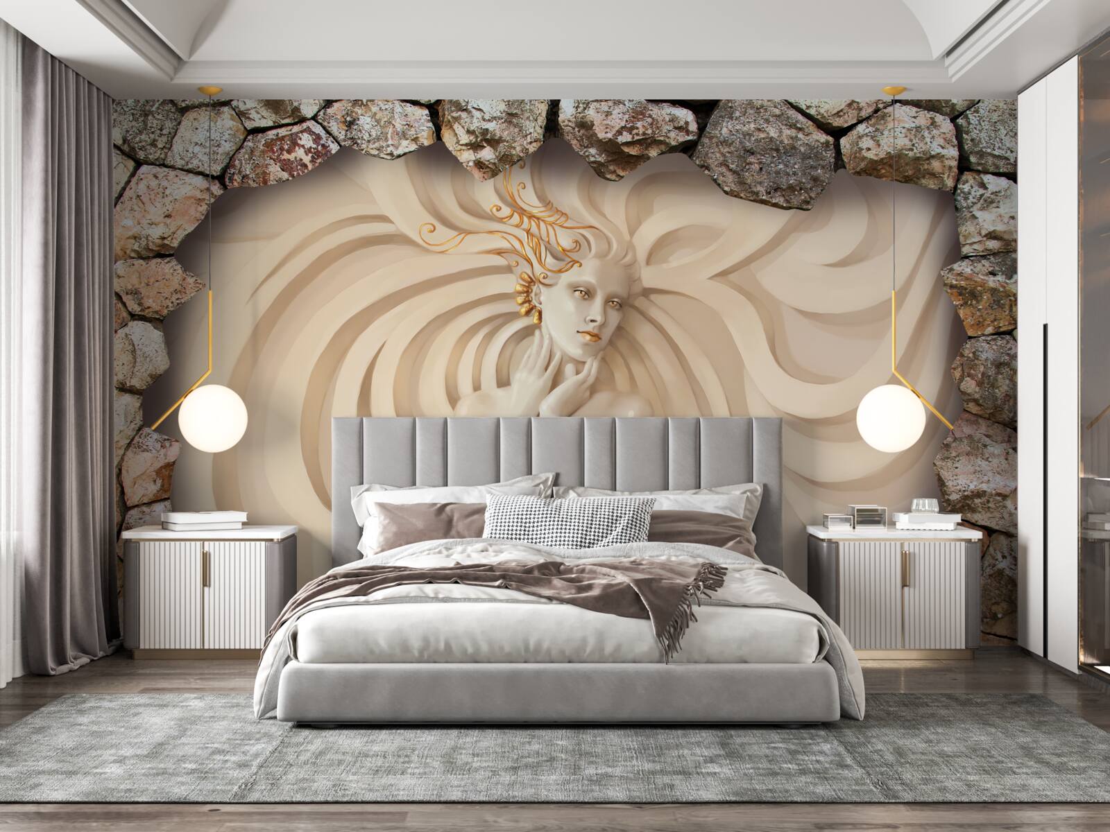 Фотошпалери зображення дівчини з довгим волоссям і золотом всередині каменю