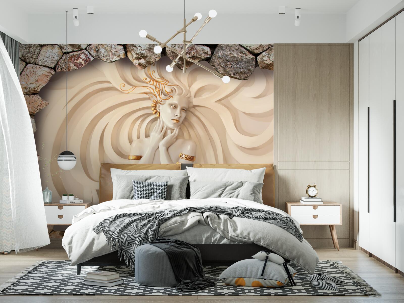 Фотошпалери зображення дівчини з довгим волоссям і золотом всередині каменю