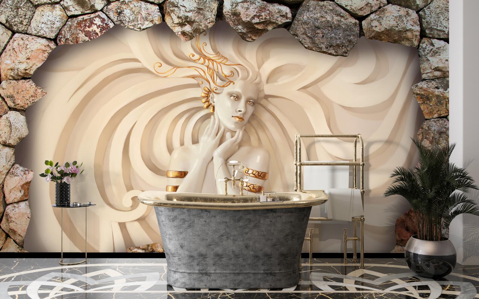 Фотошпалери зображення дівчини з довгим волоссям і золотом всередині каменю