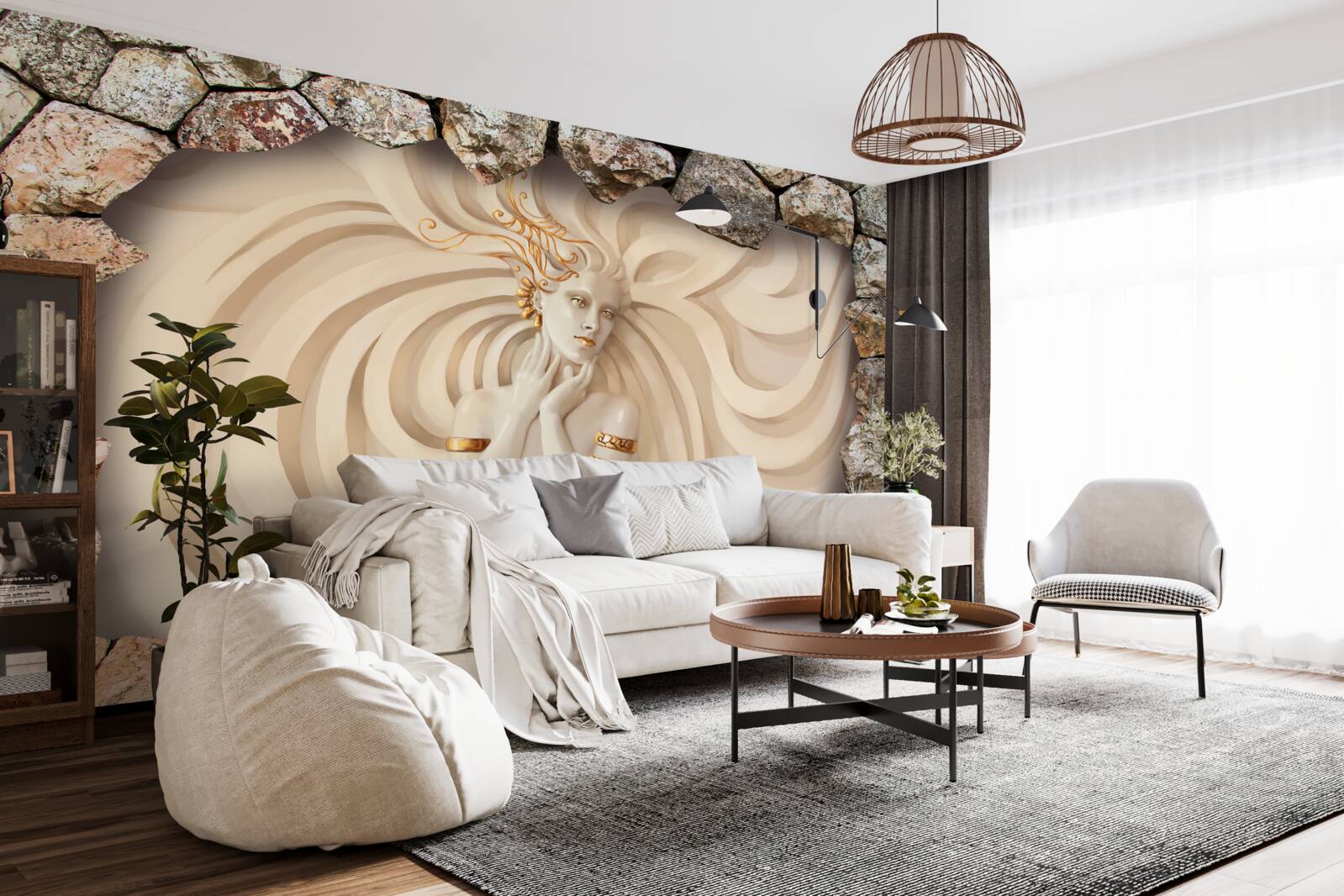 Фотошпалери зображення дівчини з довгим волоссям і золотом всередині каменю