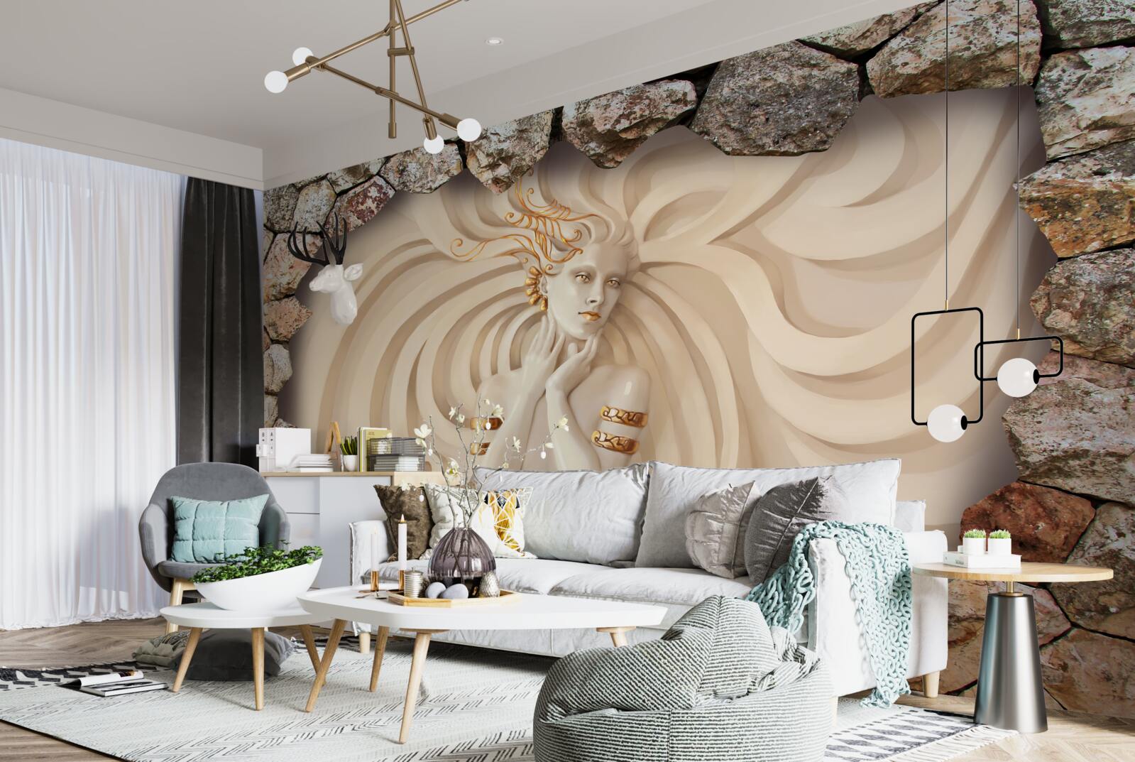 Фотошпалери зображення дівчини з довгим волоссям і золотом всередині каменю