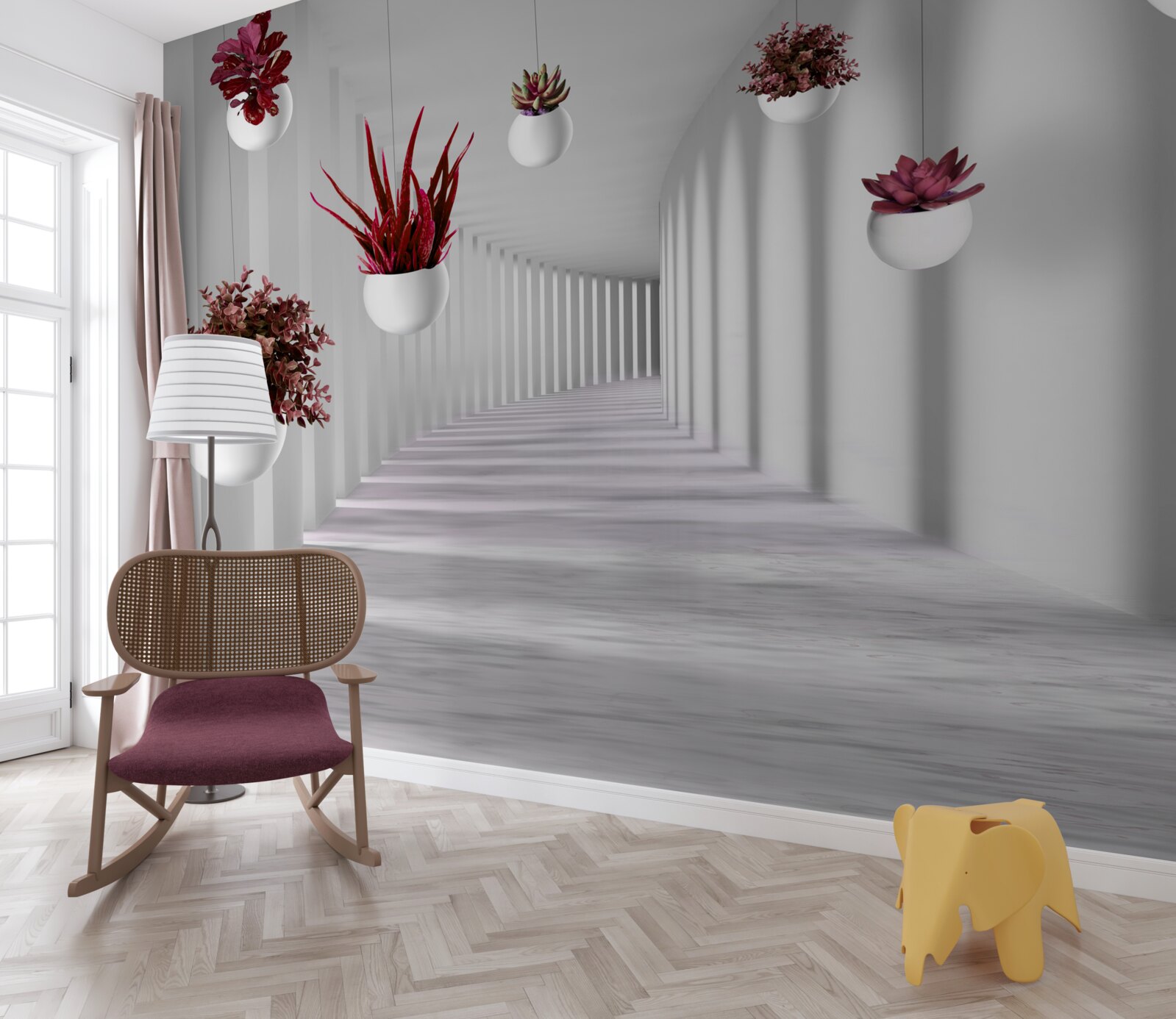 Фотошпалери квіткові горщики, що ширяють у повітрі та пофарбовані в білий колір