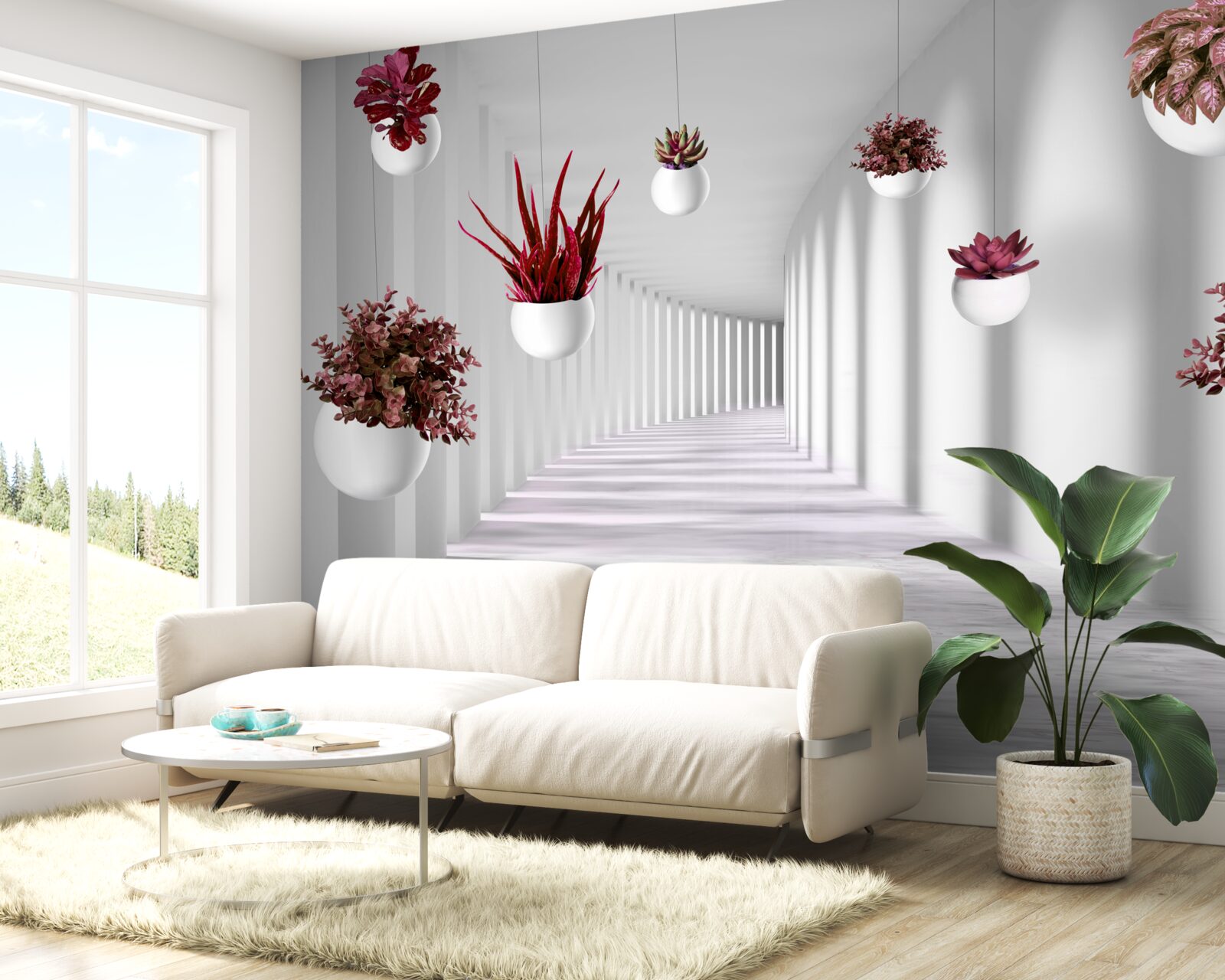 Фотошпалери квіткові горщики, що ширяють у повітрі та пофарбовані в білий колір