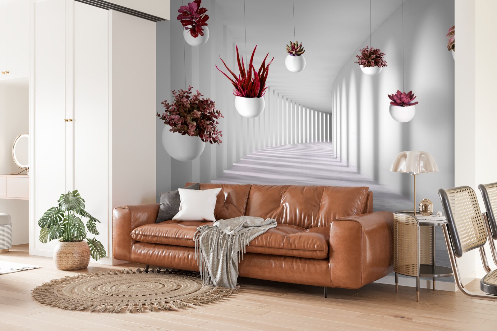 Фотошпалери квіткові горщики, що ширяють у повітрі та пофарбовані в білий колір