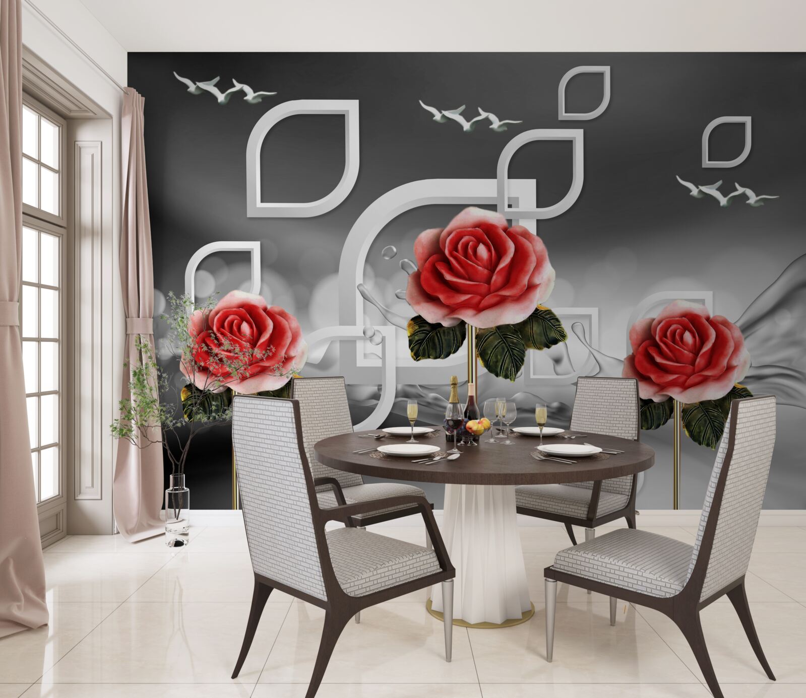 Фотошпалери витончені червоні троянди виблискують на абстрактному тлі