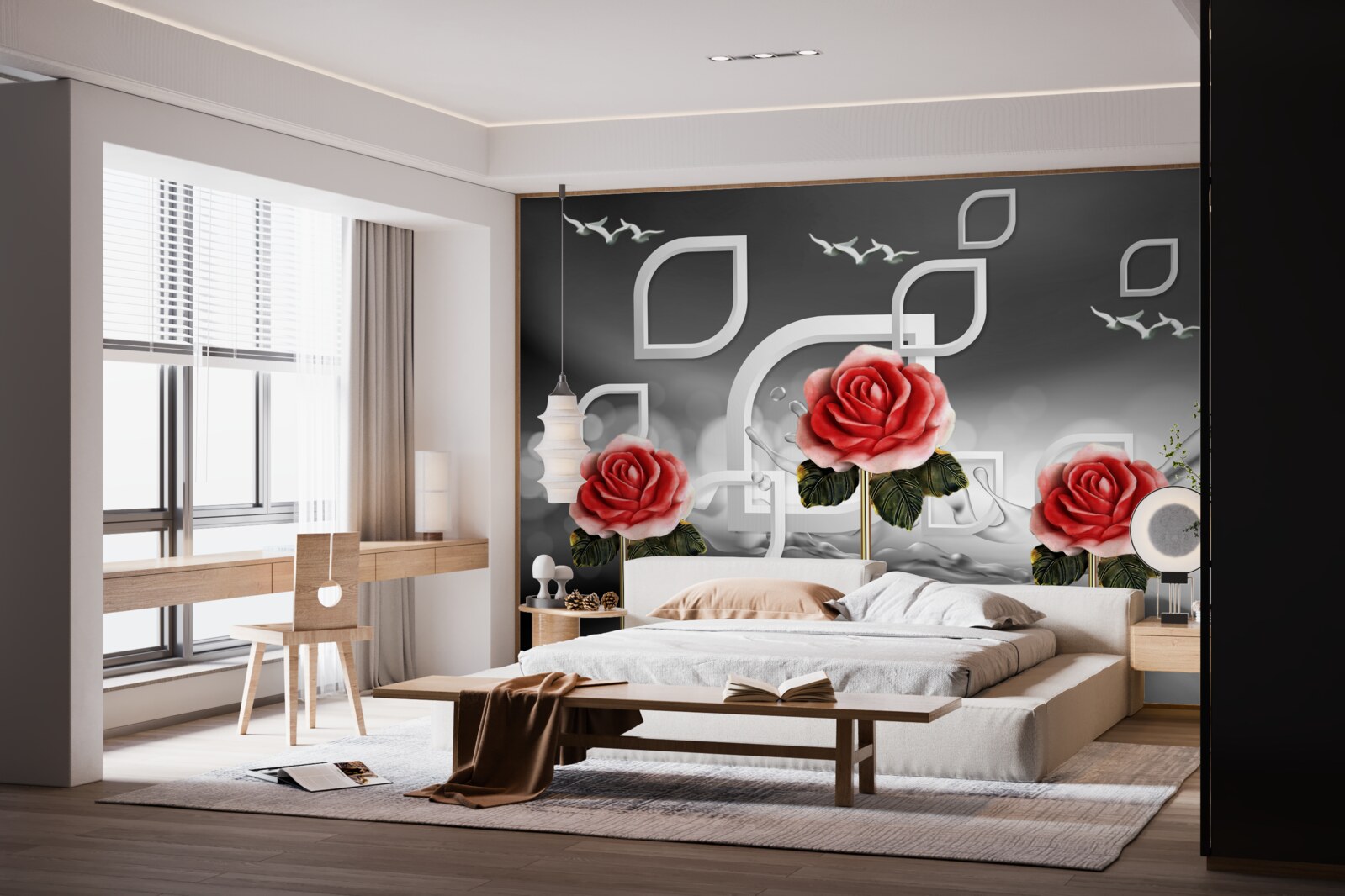 Фотошпалери витончені червоні троянди виблискують на абстрактному тлі