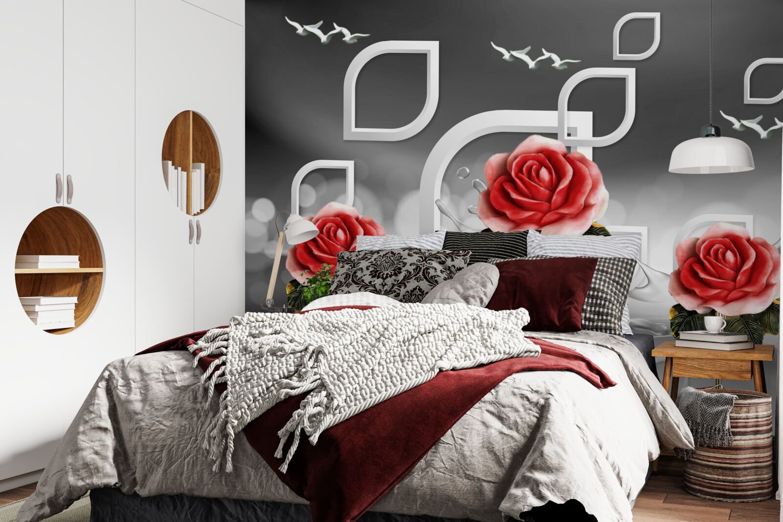 Фотошпалери витончені червоні троянди виблискують на абстрактному тлі