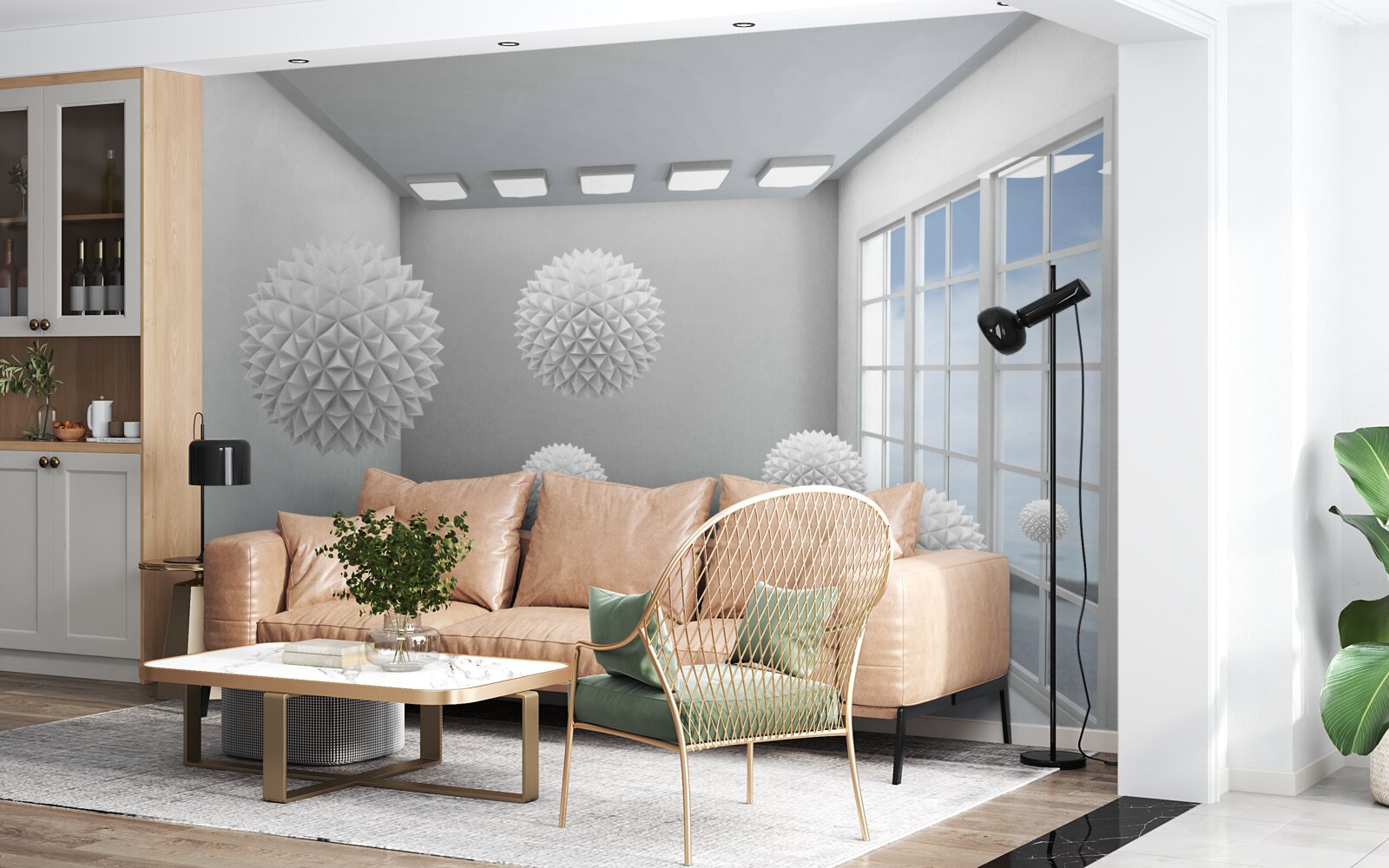 Фотошпалери гострі білі кулі у світлій кімнаті