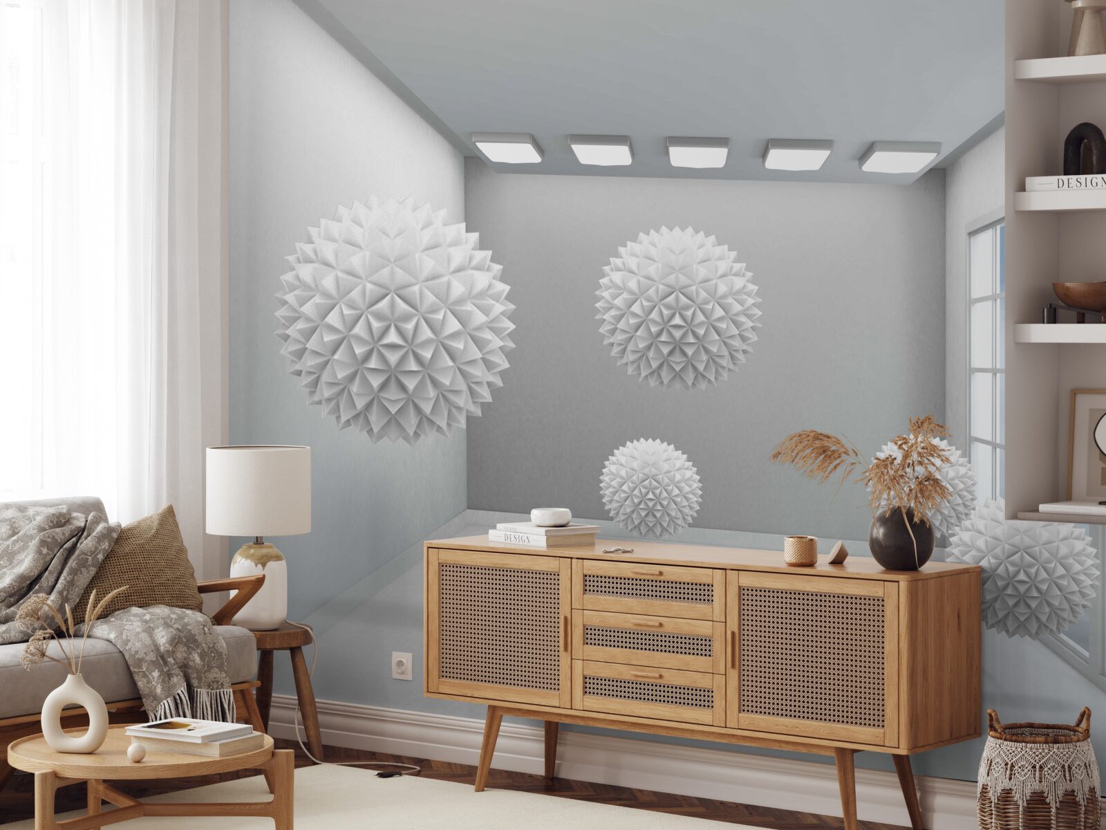 Фотошпалери гострі білі кулі у світлій кімнаті