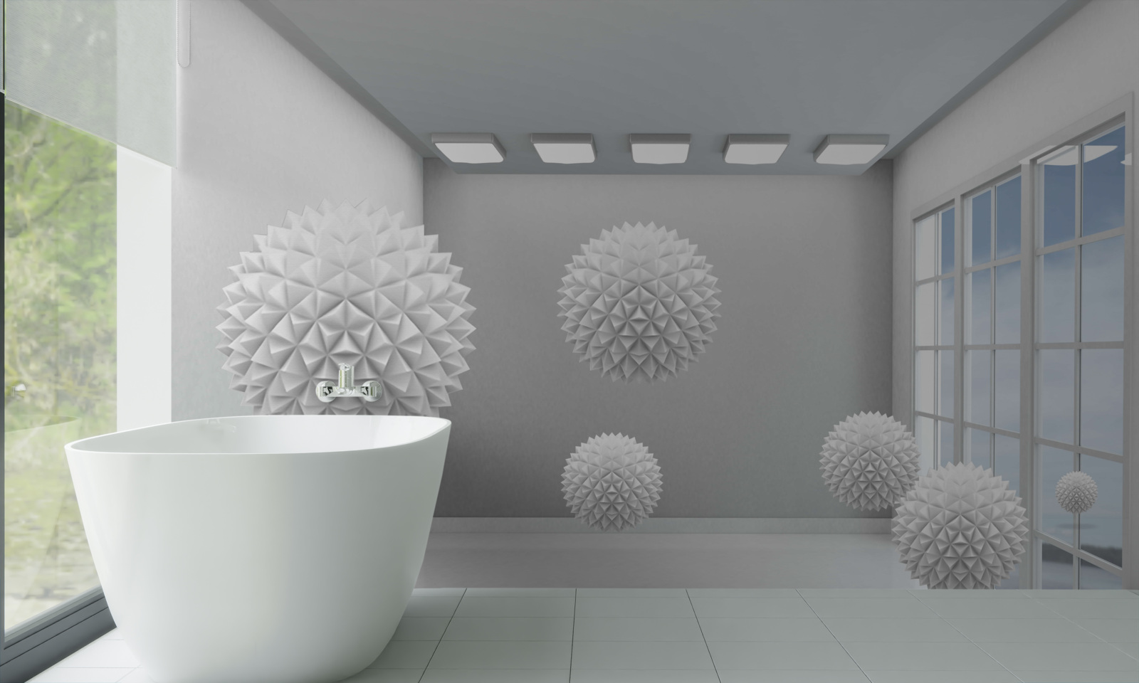 Фотошпалери гострі білі кулі у світлій кімнаті