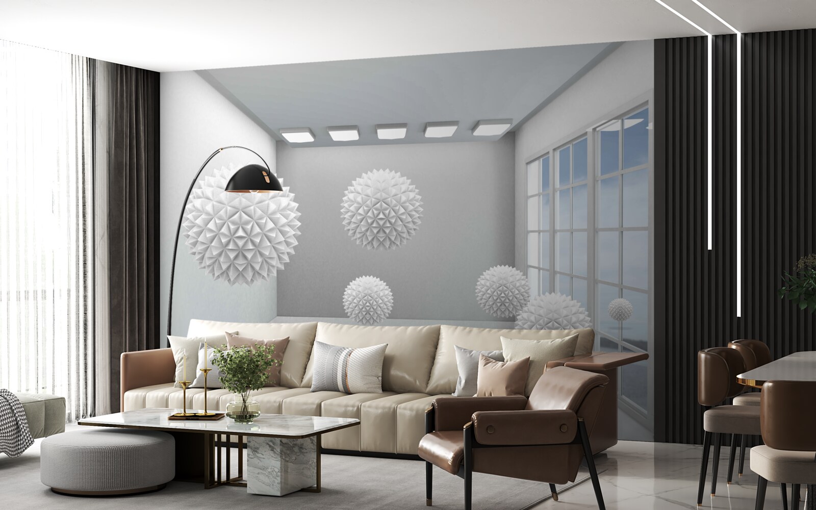 Фотошпалери гострі білі кулі у світлій кімнаті