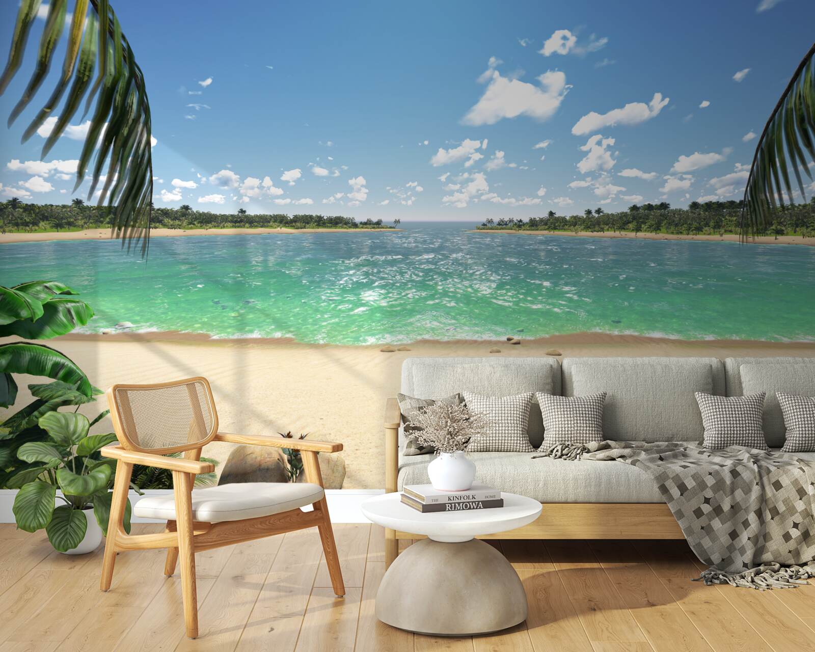 Фотошпалери пляж із золотистим піском біля бірюзового узбережжя